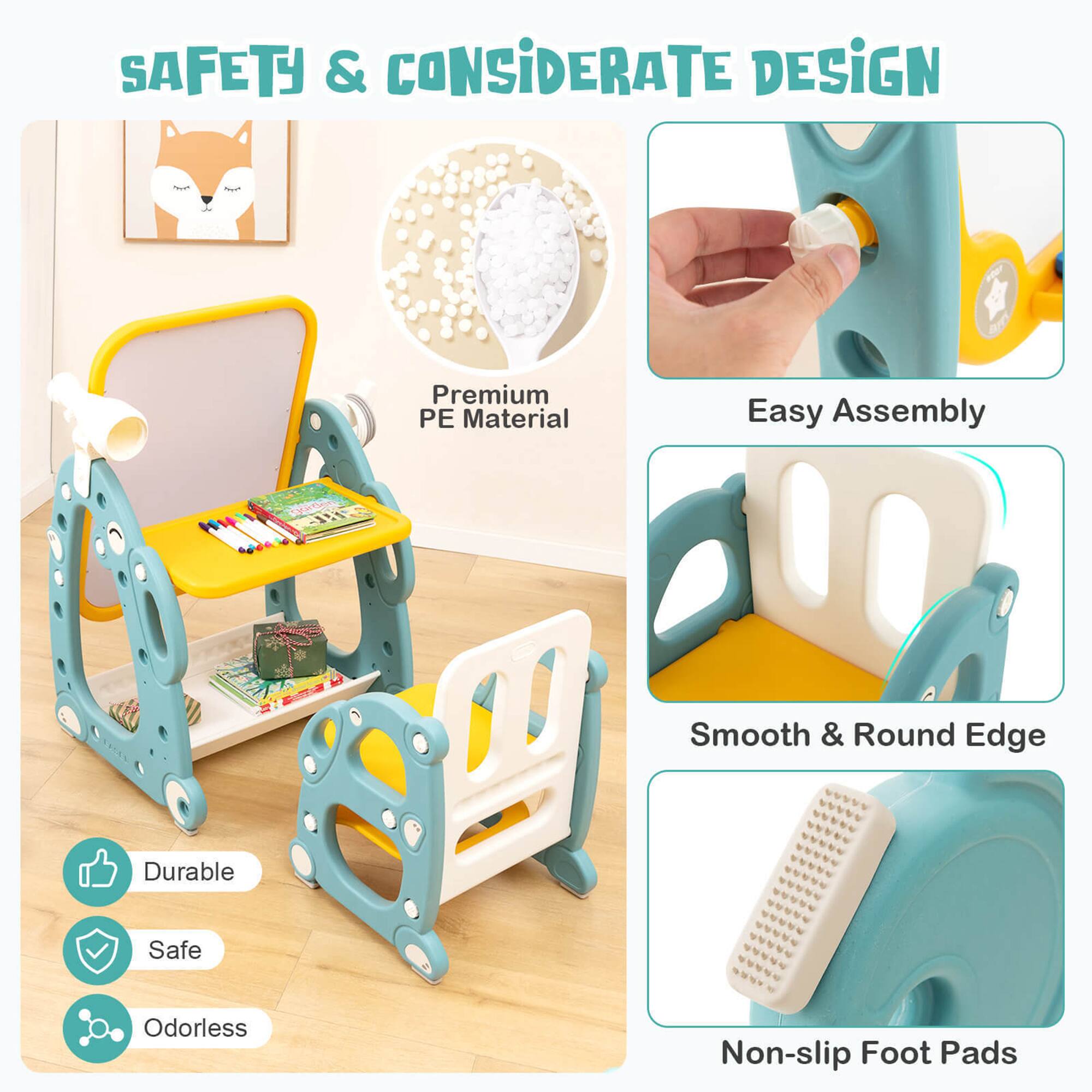 SAFETY & CONSIDERATE DESIGN

- Premium PE Material
- Easy Assembly
- Smooth & Round Edge
- Non-slip Foot Pads

Durable  
Safe  
Odorless