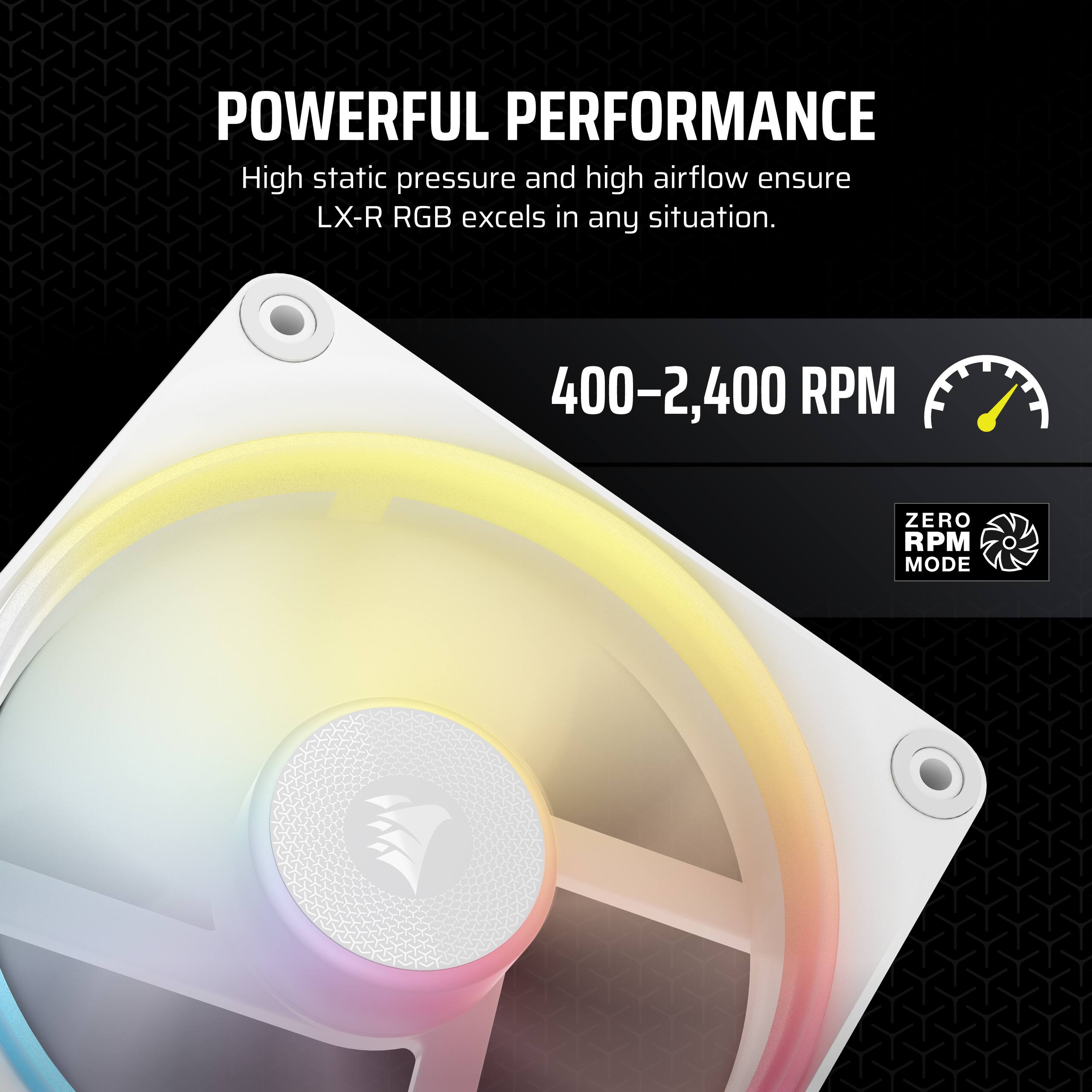 The text on the image reads: "POWERFUL PERFORMANCE High static pressure and high airflow ensure LX-R RGB excels in any situation. 400-2,400 RPM ZERO RPM MODE."