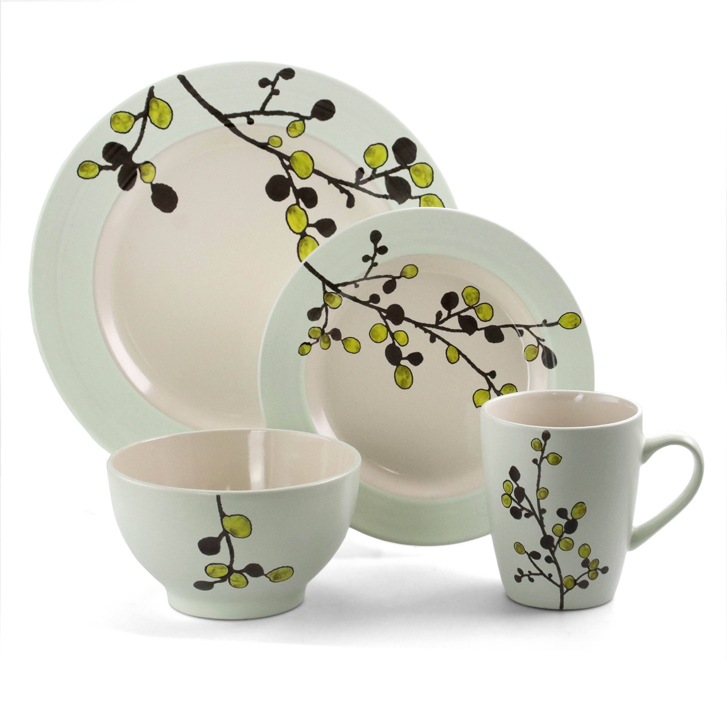 Alt View 1. Elama - Elama Retro Bloom 16 Piece Luxurious Stoneware Dinnerware with Complete Setting for 4 - Green.