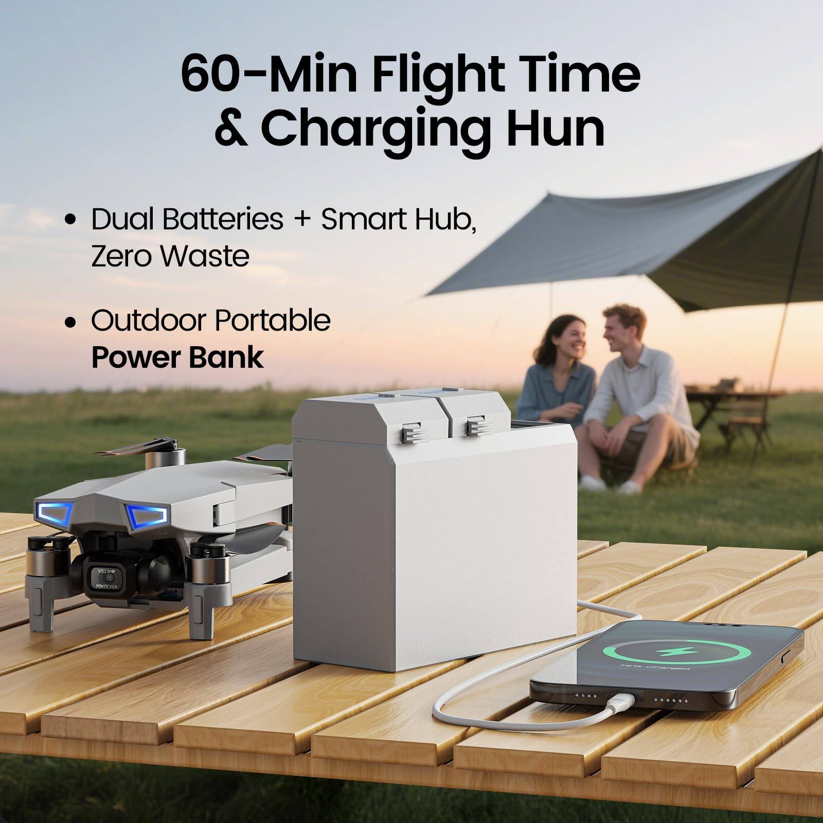 60-Min Flight Time & Charging Hub

- Dual Batteries + Smart Hub, Zero Waste
- Outdoor Portable Power Bank

POVIS TOS
7896 charged