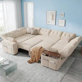 Dyonery - 112" Modular Convertible Sectional Sleeper Sofa with Pull Out Bed,Linen Convertible Couch with Storage Seat - Beige