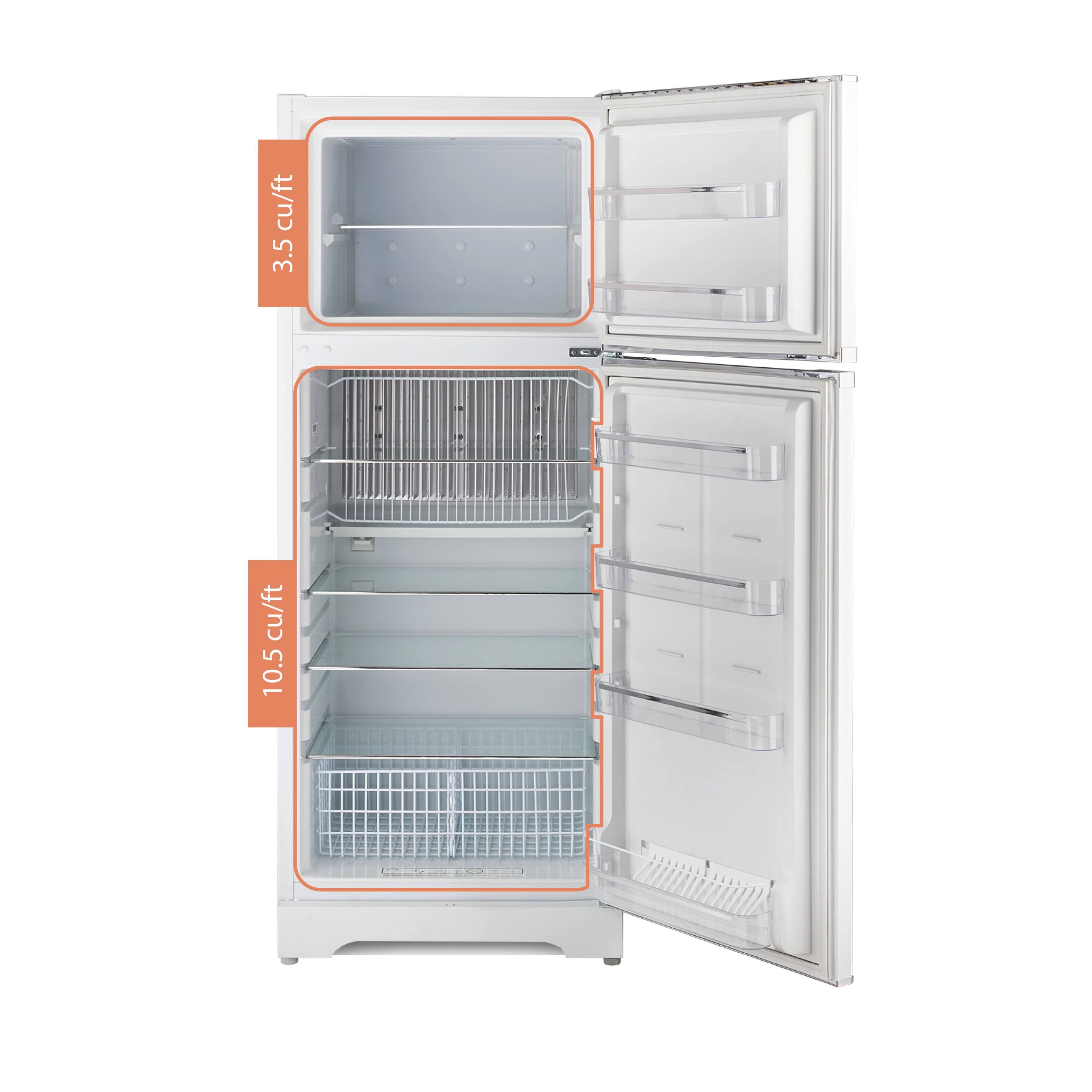 The text on the image states that the refrigerator has a capacity of 3.5 cubic feet in the top compartment and 10.5 cubic feet in the bottom compartment.
