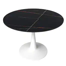 LeisureMod - Bristol Round Dining Table, Modern MDF/Sintered Stone Top & Scratch-Resistant Steel Base Kitchen Table - Stone - Black