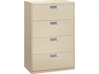 Front. HON - Brigade 600 Series 4-Drawer Lateral File Cabinet, Locking, Letter/Legal, Putty/Beige, 36"W (HON684LL) - Putty.