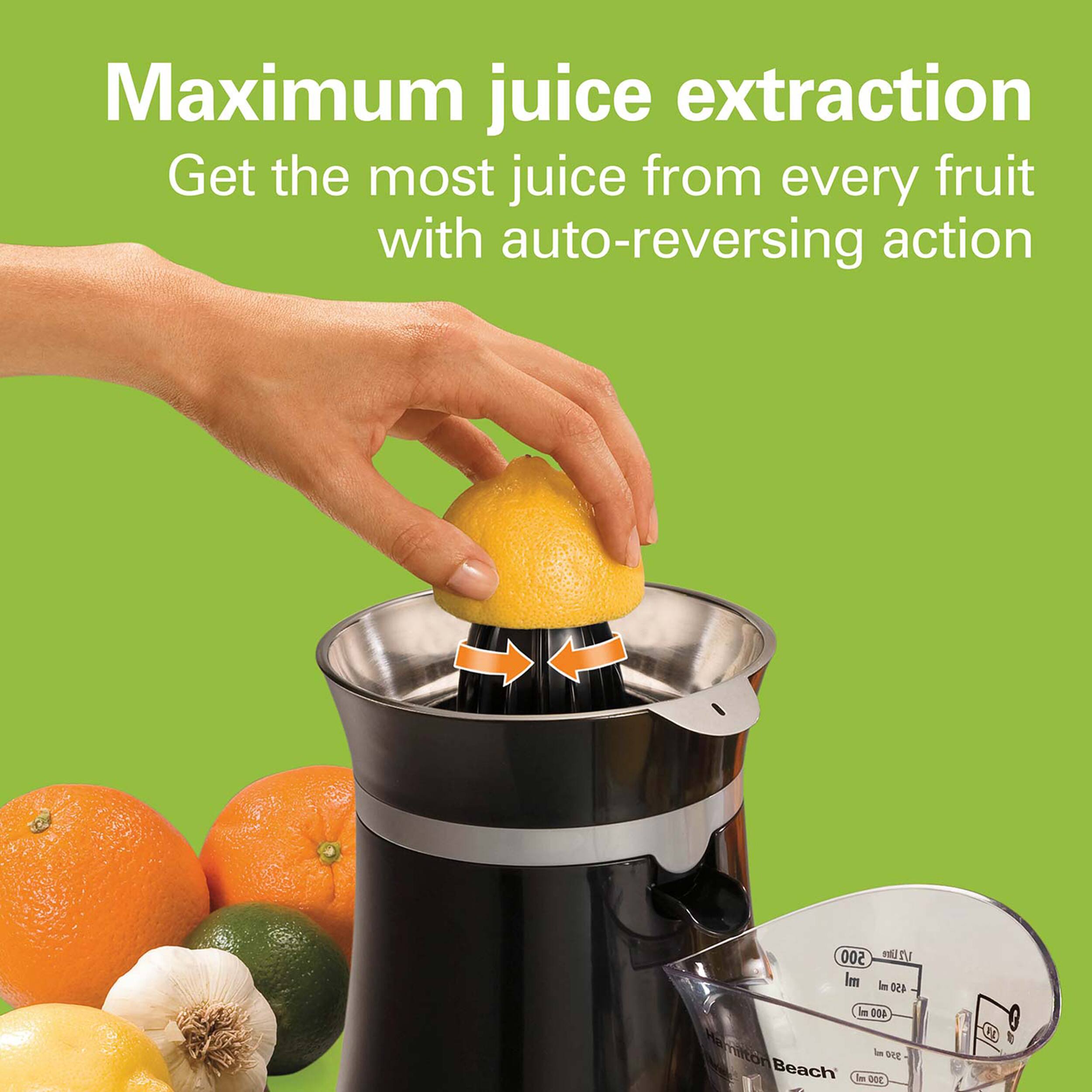 Maximum juice extraction
Get the most juice from every fruit with auto-reversing action
500 ml
430 ml
400 ml
300 ml