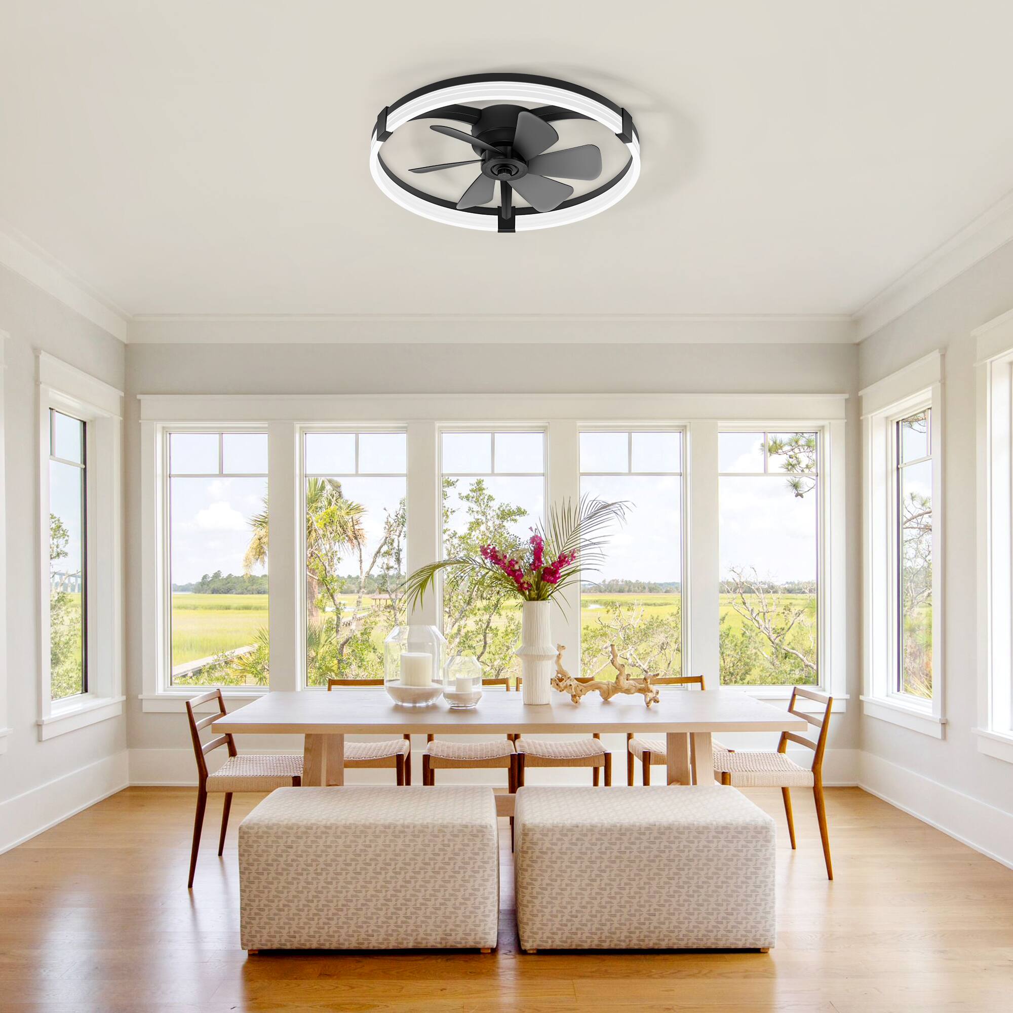 Angle. Breezary - 23-Inch Flush Mount Detachable Enclosed Ceiling Fan - LED Ring Light, Remote, 6 Speeds, Dimmable & Reversible DC Motor - Black and Slate Blue.