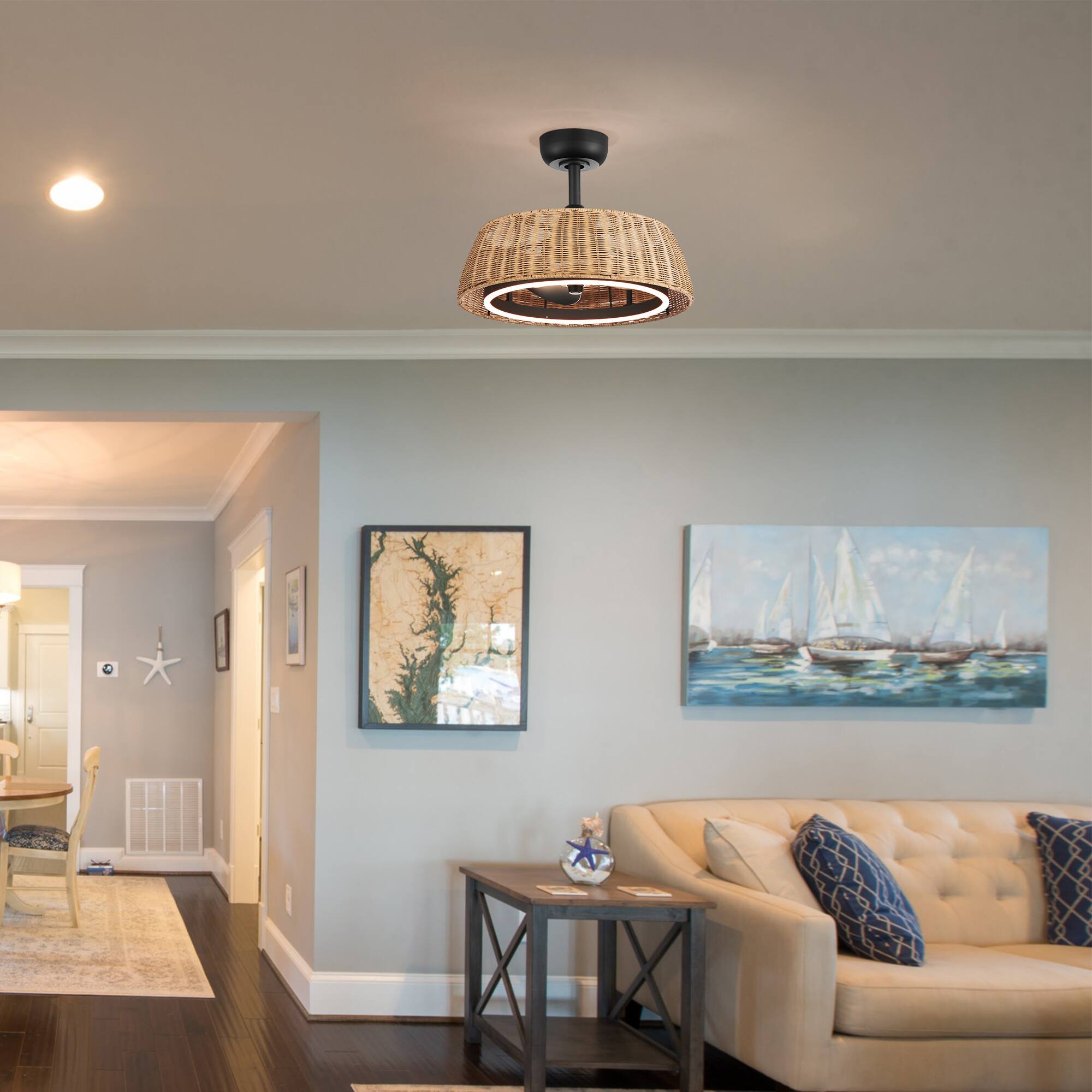 Back. Breezary - 20-Inch Cage Ceiling Fan with Light Kit, 3 ABS Blades, 6" Downrod, DC Motor, 6-Speed Remote Control with Timer - Matte Black.