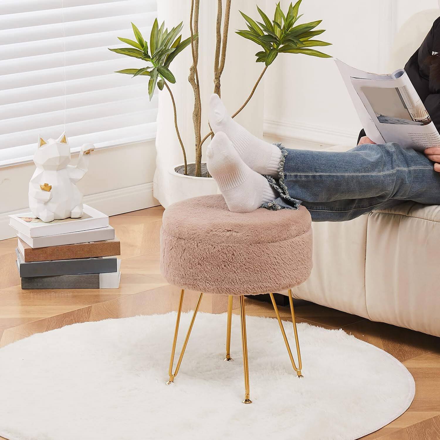 Alt View 1. JETRANSPORT - Footrest Footstools Round Faux Ottoman Storage Space Soft Vanity Chair Seat Coffee Table Small Side Metal - Black.