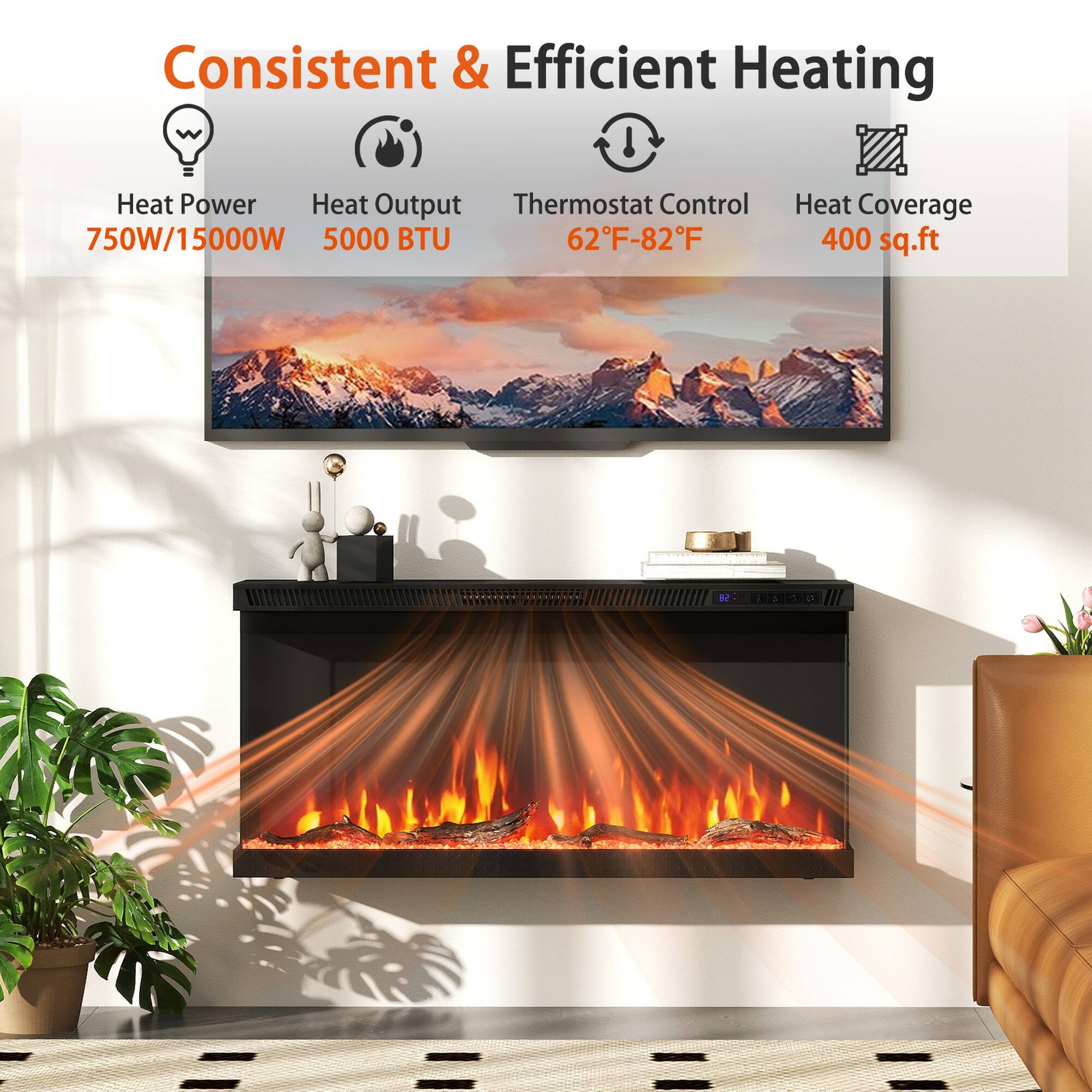 Boyel Living 36 Inch Wide 3 Sided Electric Fireplace Insert with Remote