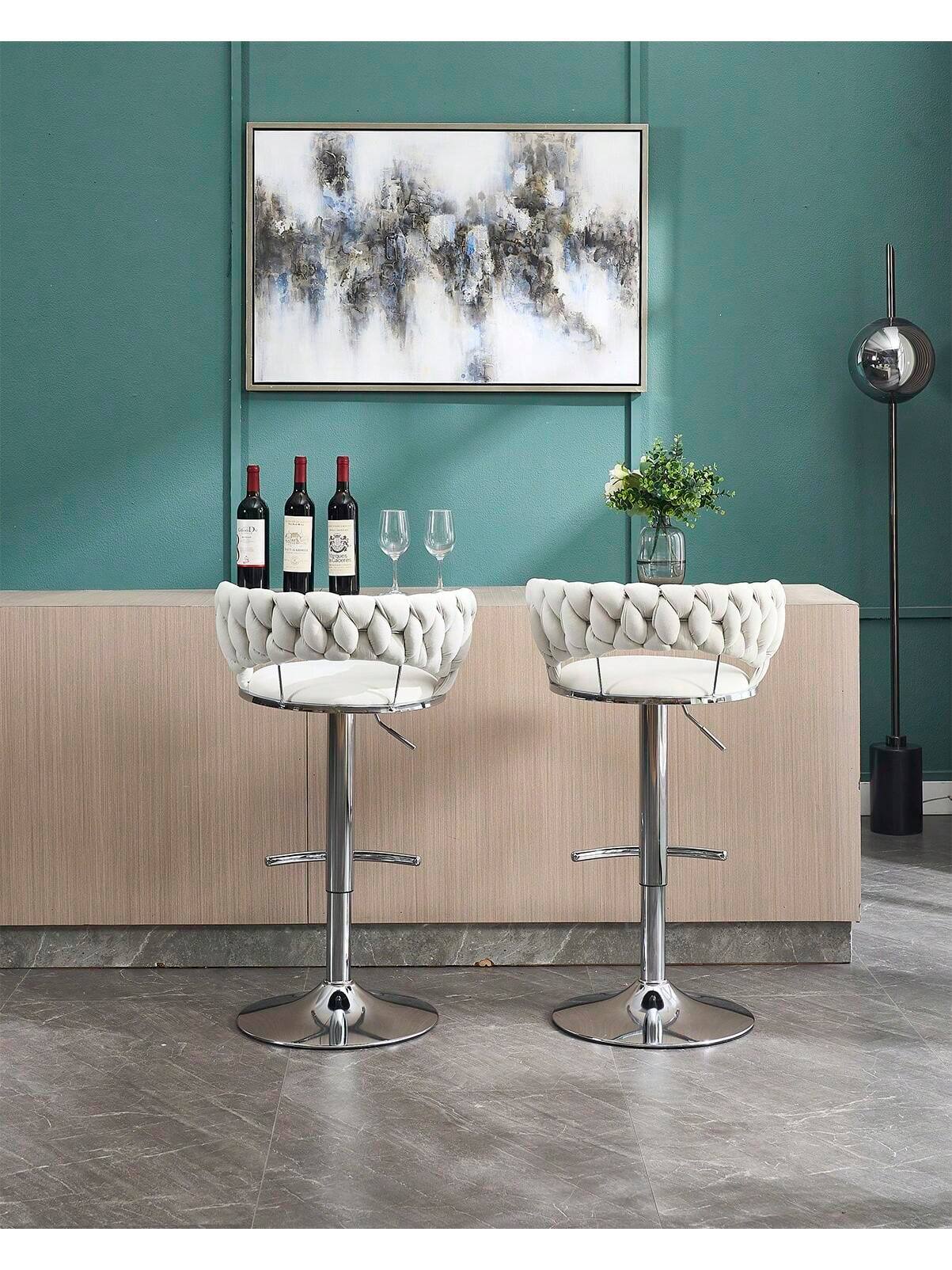 Alt View 2. Trinkets Crazed - Velvet Bar Stools Set Of 2, Modern Swivel Barstools With Woven Backrest, Adjustable Counter Stools - Cream.