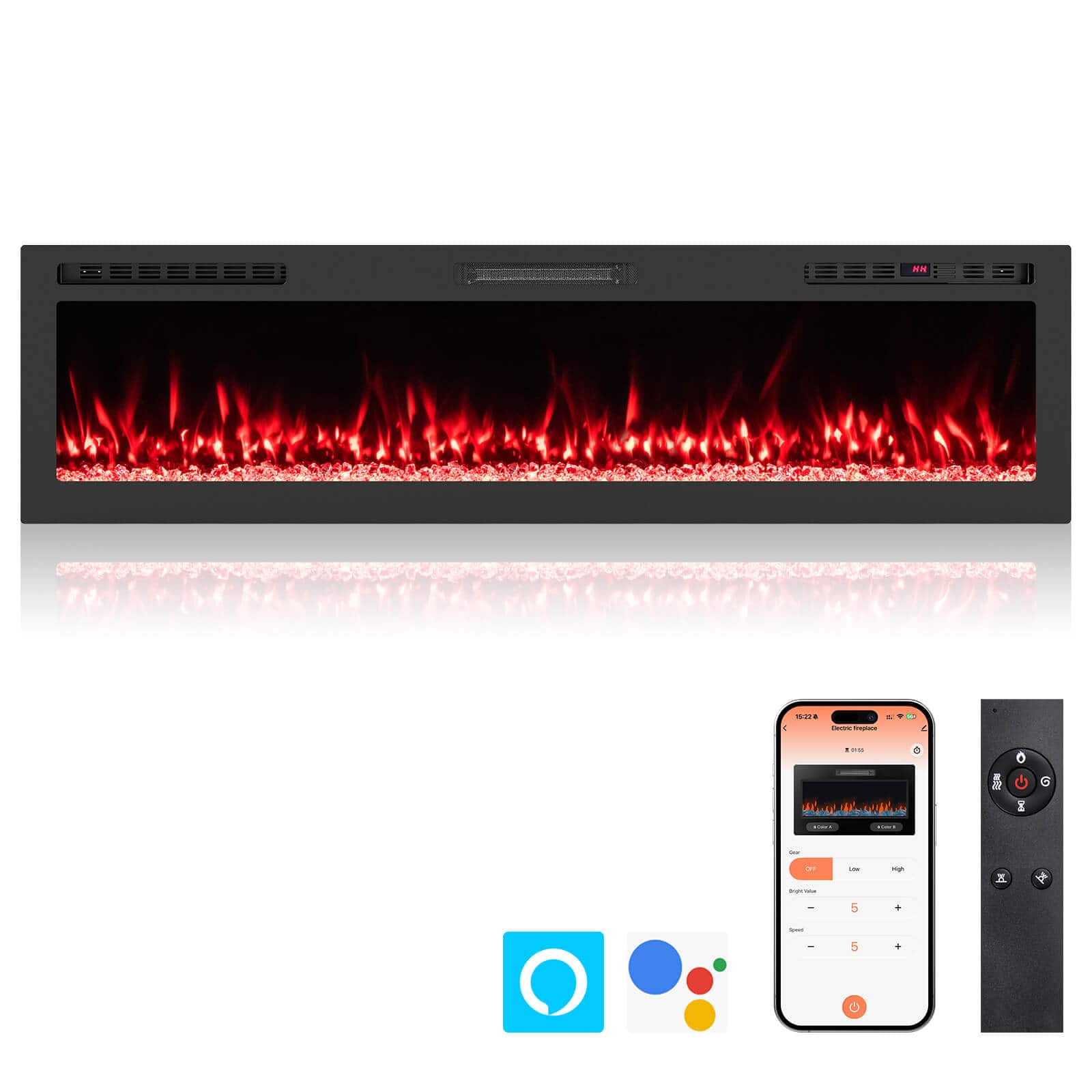 Costway - 68" Smart WiFi Electric Fireplace, Work with Alexa & Google Assistant, 12H Timer - Black