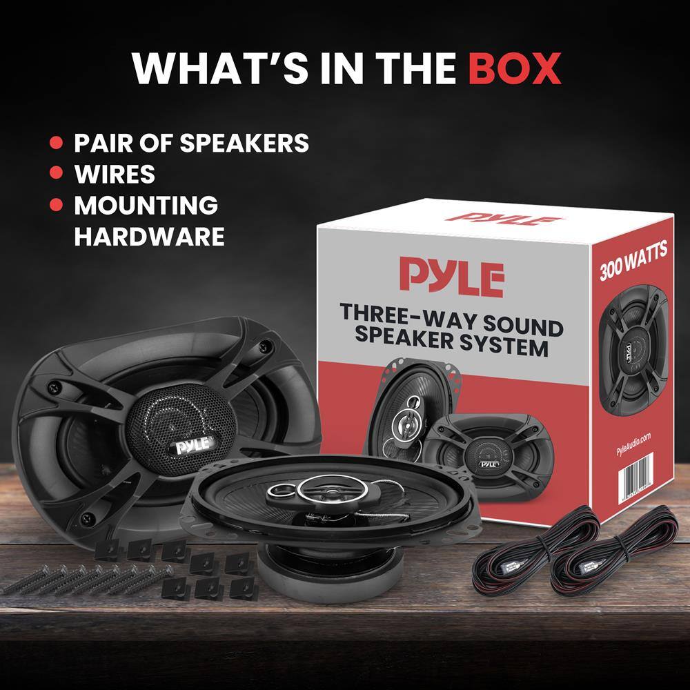 WHAT'S IN THE BOX

- PAIR OF SPEAKERS
- WIRES
- MOUNTING HARDWARE

PYLE  
THREE-WAY SOUND SPEAKER SYSTEM  
300 WATTS  
PYLEAUDIO.com