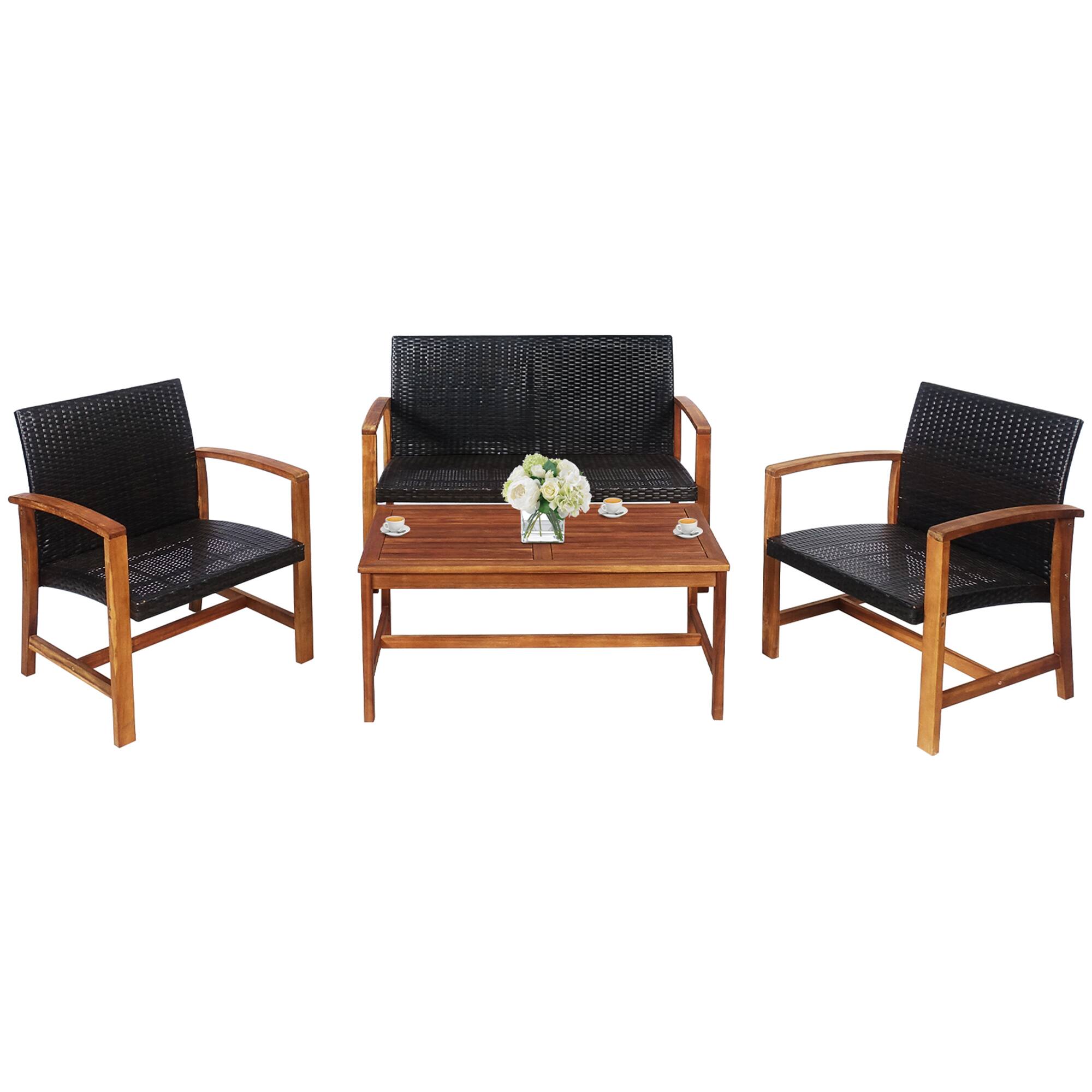 Alt View 1. Gymax - Gymax 4PCS Patio Conversation Set Outdoor Furniture Set w/ Acacia Wood Frame - Mix Brown.