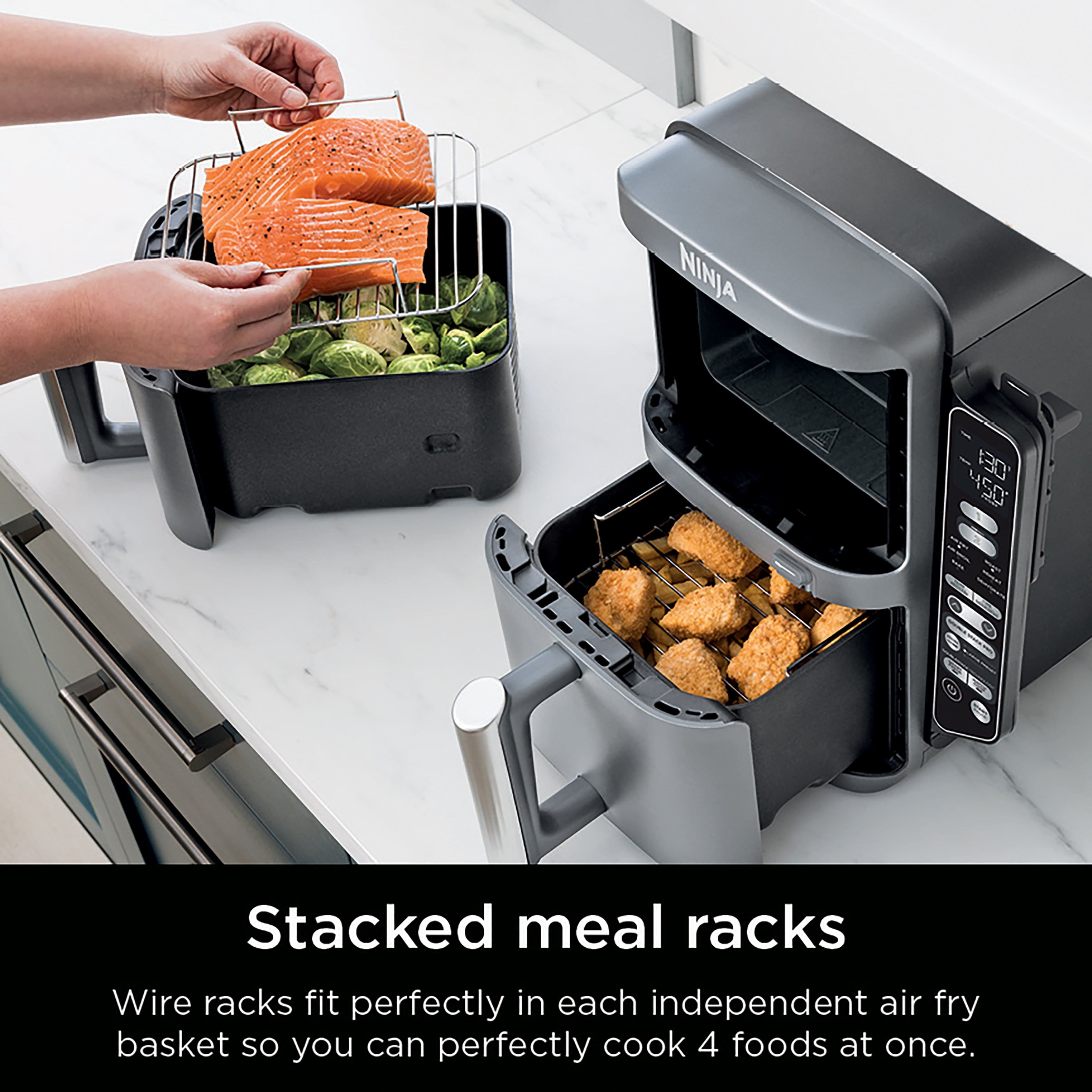 Stacked meal racks are a convenient way to cook multiple foods at once. The wire racks fit perfectly inside each independent air fry basket, allowing you to cook four foods at the same time. This saves time and energy, making it an ideal choice for busy households or those who want to prepare meals for multiple people.