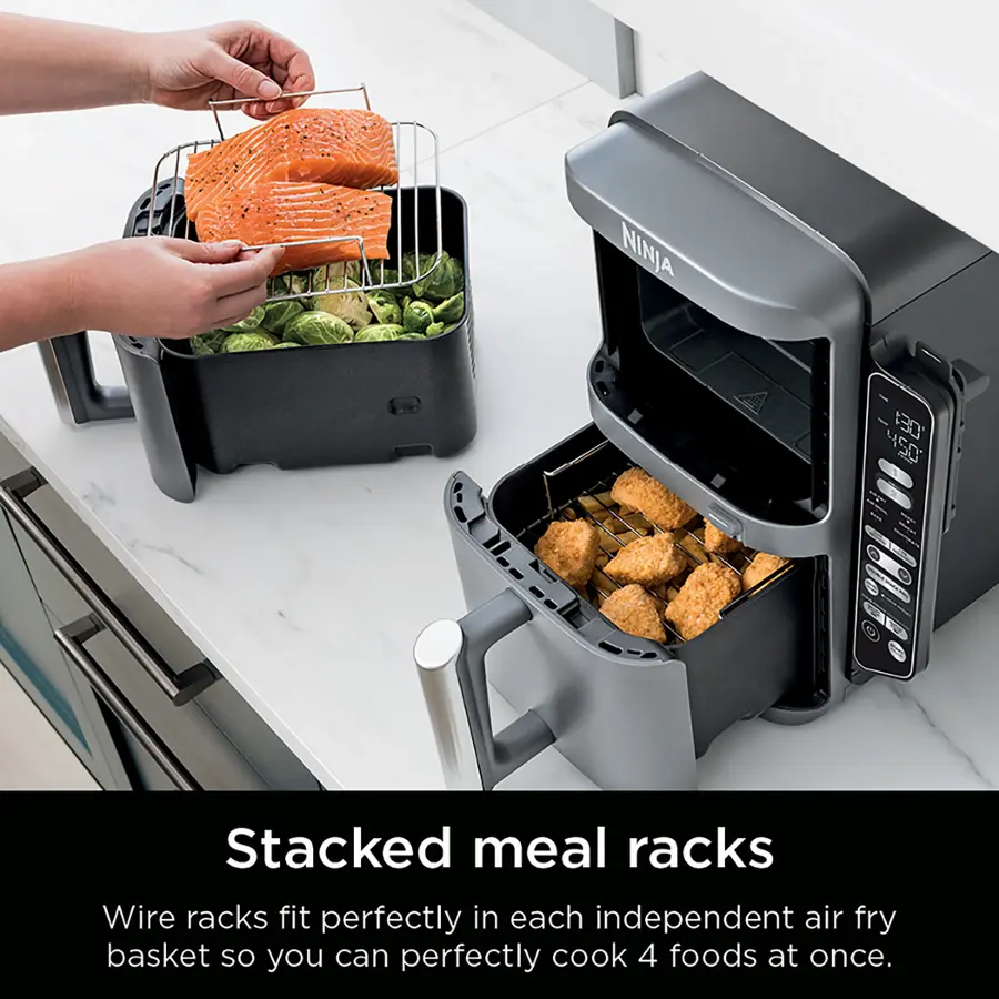 Stacked meal racks are a convenient way to cook multiple foods at once. The wire racks fit perfectly inside each independent air fry basket, allowing you to cook four foods at the same time. This saves time and energy, making it an ideal choice for busy households or those who want to prepare meals for multiple people.