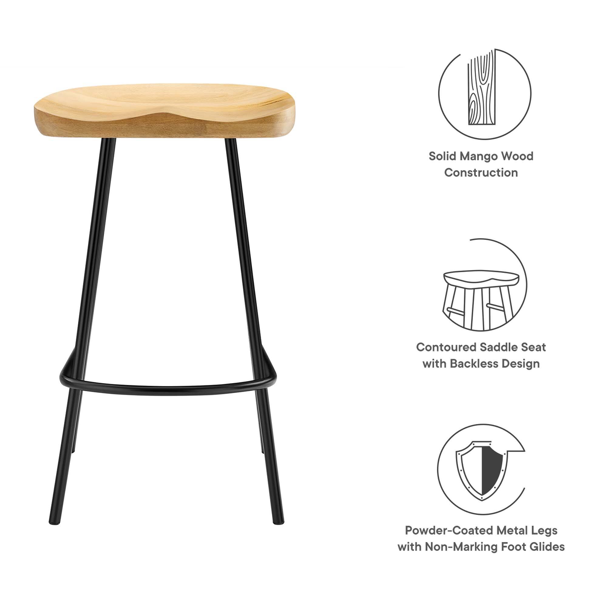 Solid Mango Wood Construction  
Contoured Saddle Seat with Backless Design  
Powder-Coated Metal Legs with Non-Marking Foot Glides