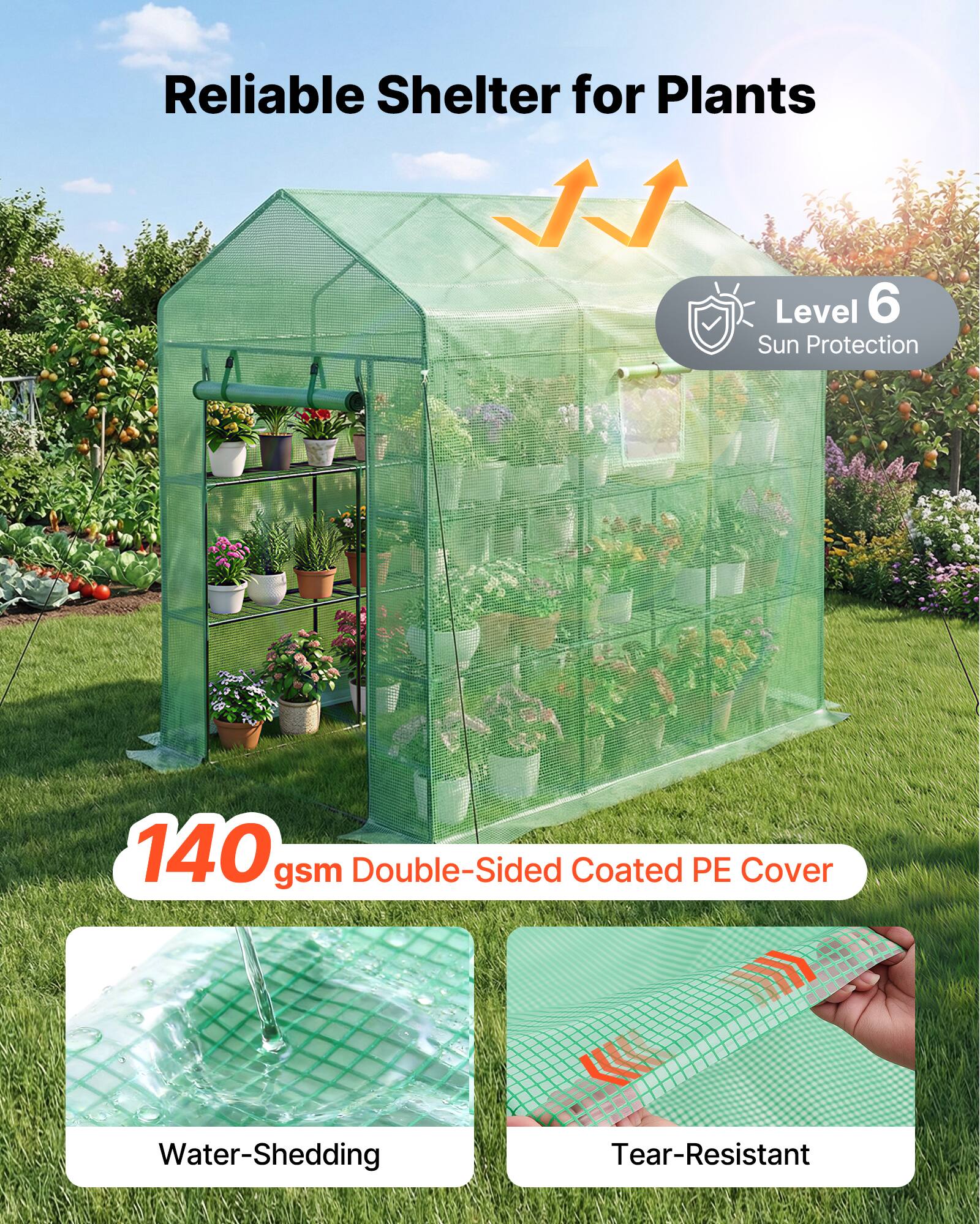 Reliable Shelter for Plants  
Level 6 Sun Protection  
140 gsm Double-Sided Coated PE Cover  
Water-Shedding  
Tear-Resistant