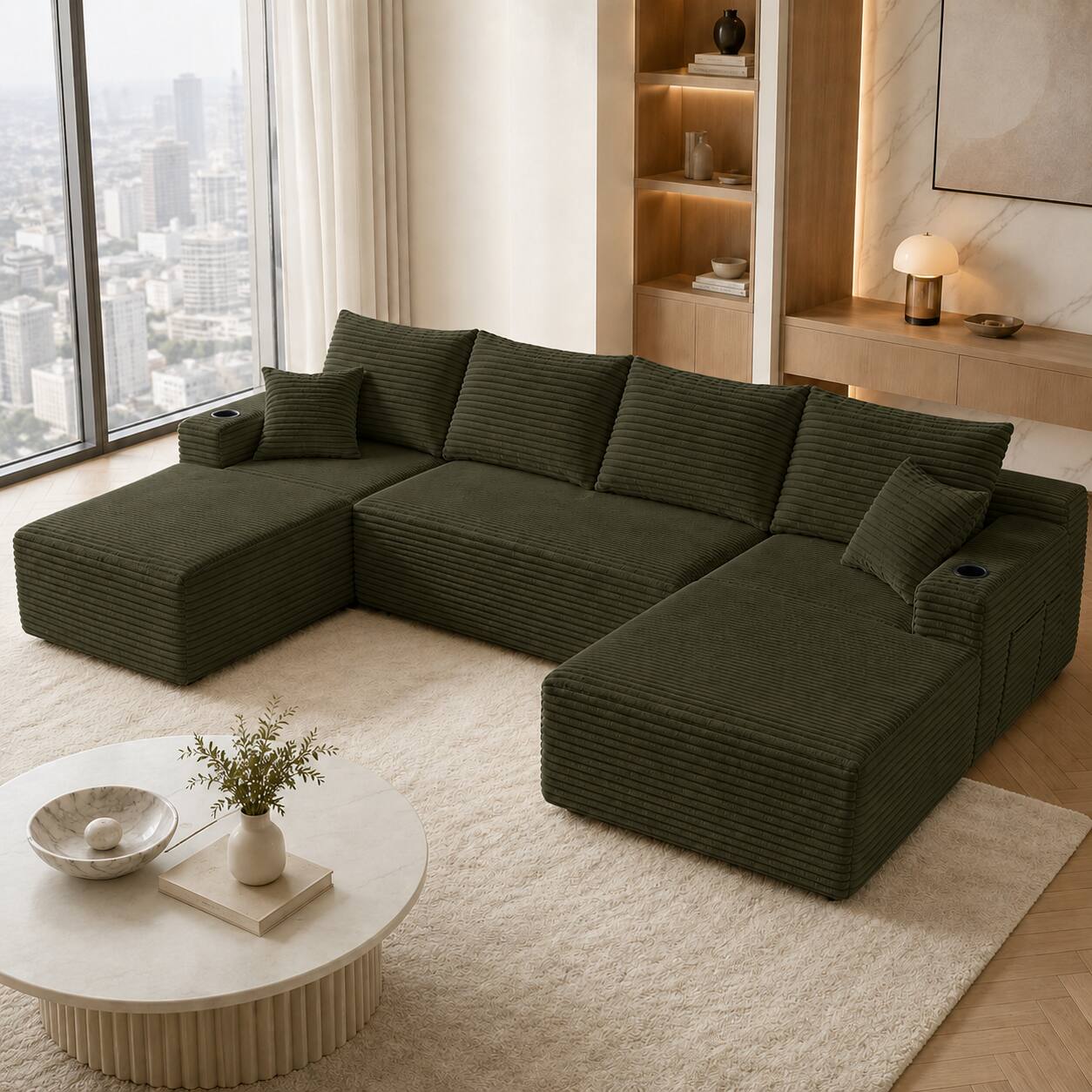 Angle. Anysun - 134" Modern Modular Design U-Shape Cloud Sectional Sofa with Side Pockets & Cup Holders, Deep Seating - Green.