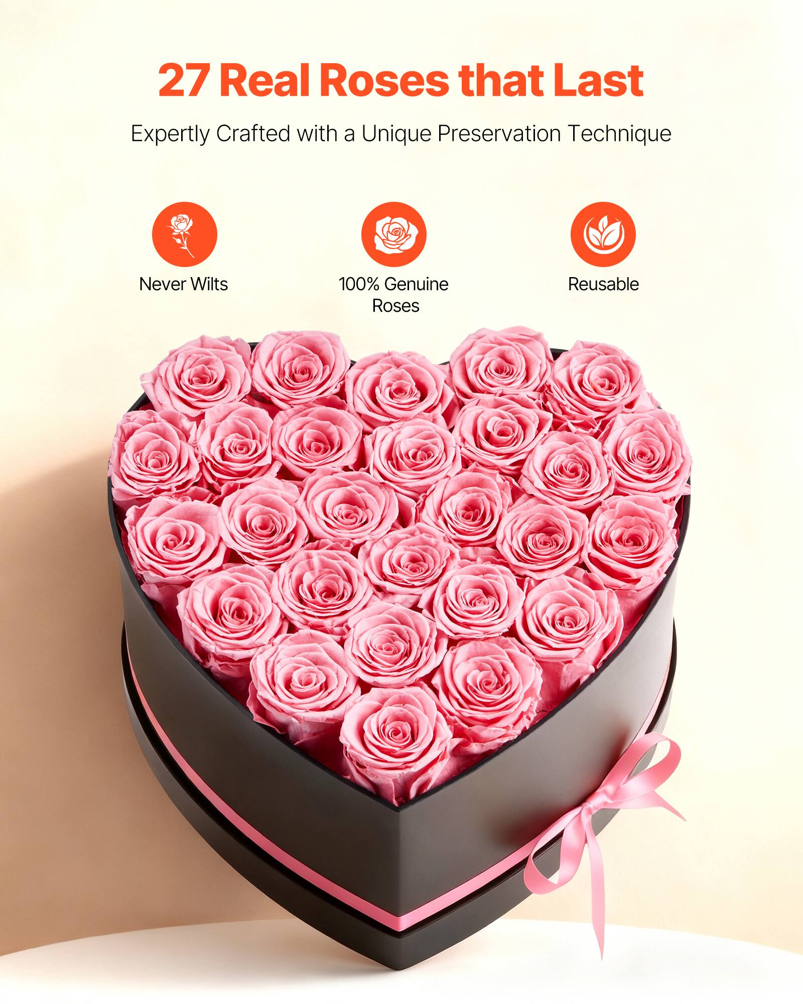 27 Real Roses that Last  
Expertly Crafted with a Unique Preservation Technique  

- Never Wilts  
- 100% Genuine Roses  
- Reusable