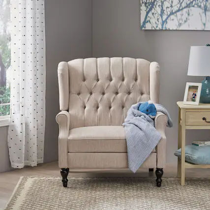 Front. APRILSOUL - Push Back Recliner Chair Fabric Lounge Armchair Rivet Decoration Wingback Single Sofa - Beige.
