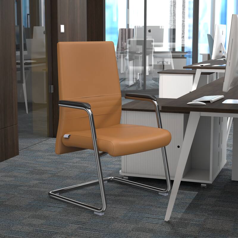 Left. LeisureMod - Aleen PU Leather Office Chair with Iron Frame, Ergonomic Support, Fixed Armrests, Modern Desk Chair - Acorn Brown.