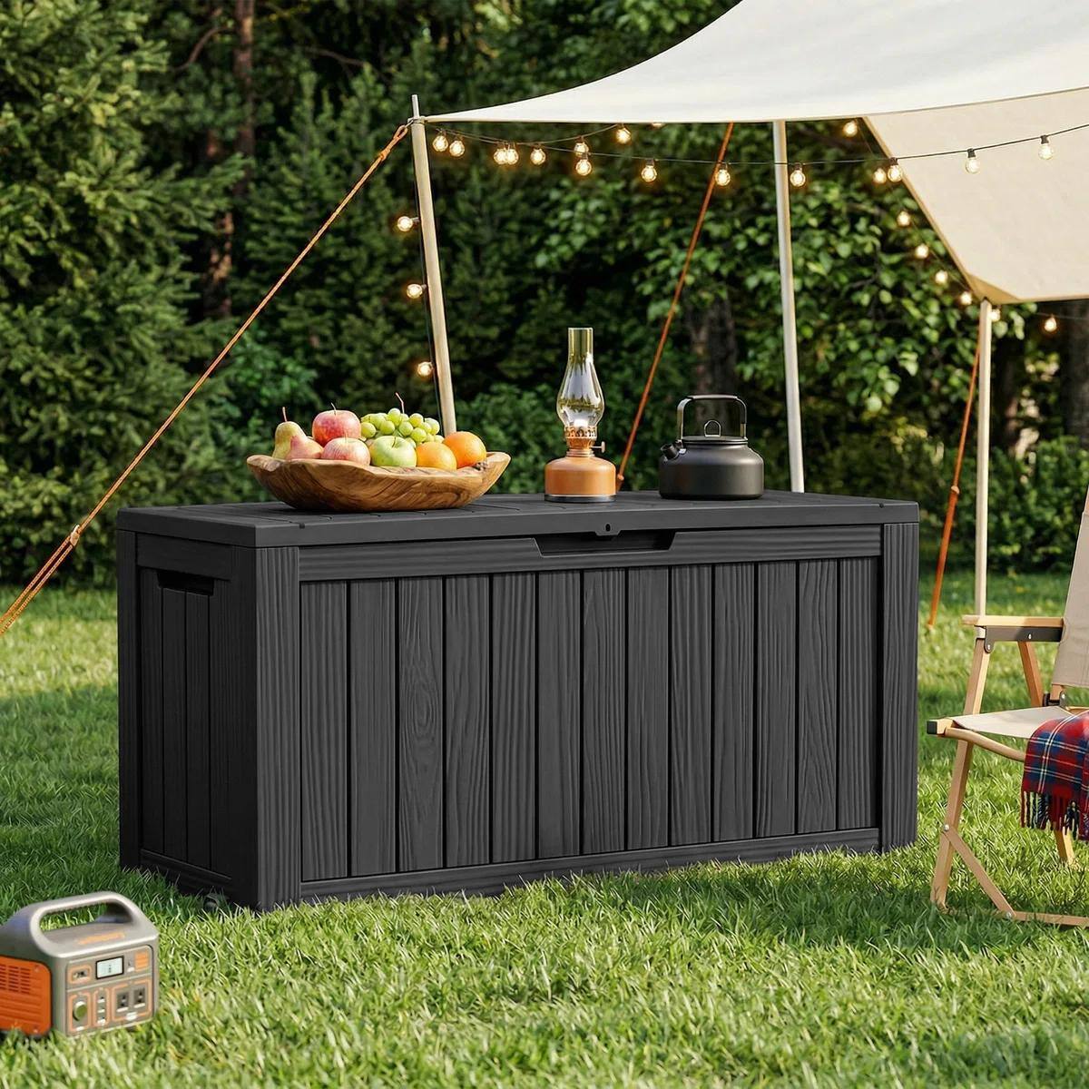 Angle. Yardgrace - 85 Gallon Outdoor Storage Box, Resin Waterproof UV-Resistant Deck Box, Reinforced Stability for Patio, Garden - Black.