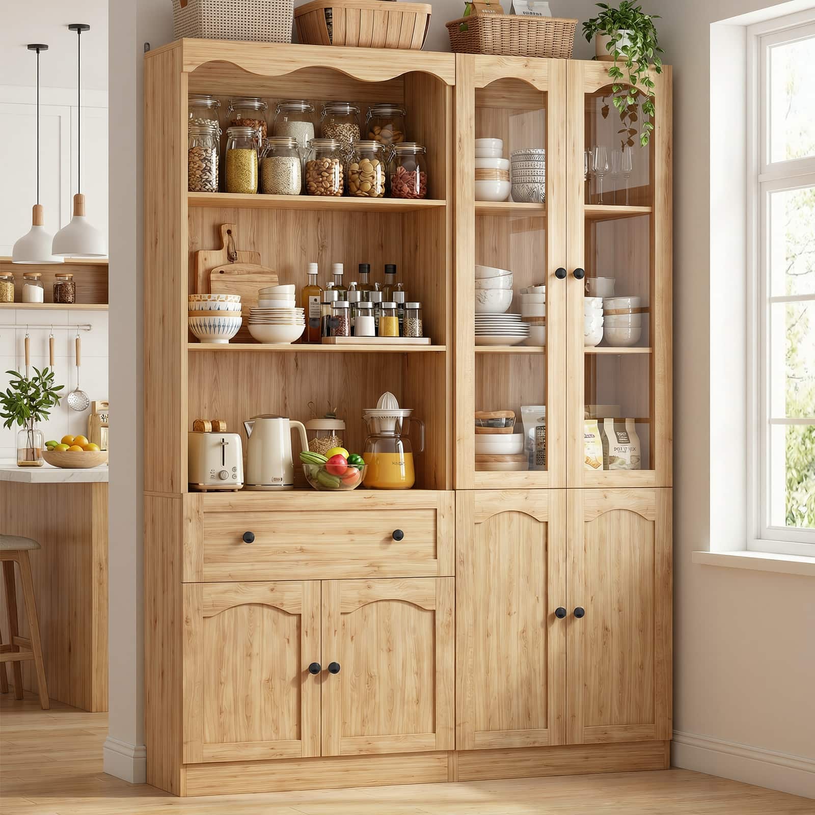 Aheaplus - 80'' Tall Pantry Cabinet Set of 2, with Drawer, Doors, and Adjustable Shelves - Nature Oak price history on PriceWatchPro