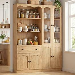 Aheaplus - 80'' Tall Pantry Cabinet Set of 2, with Drawer, Doors, and Adjustable Shelves - Nature Oak