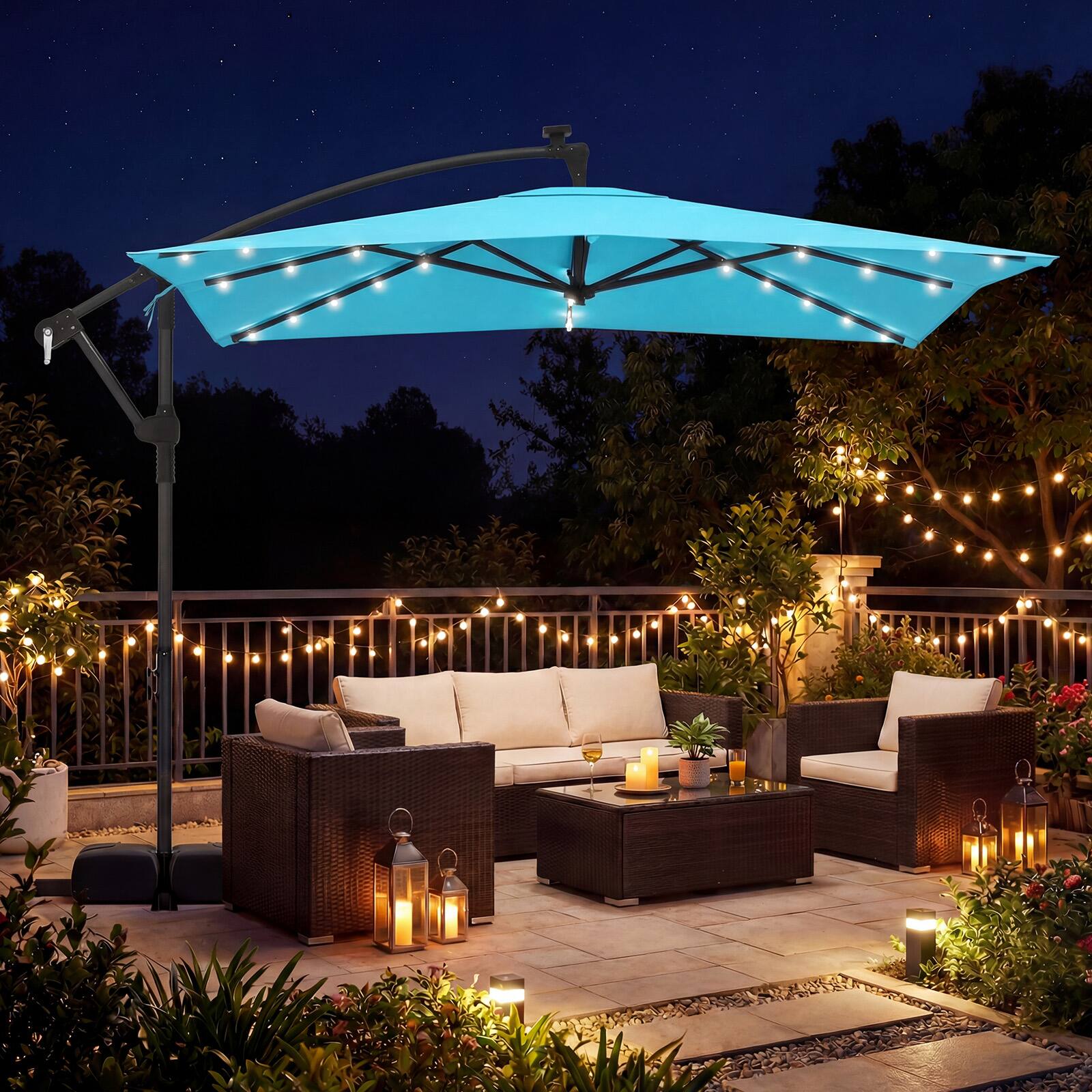 Alt View 3. Costway - Costway 8 x 8 FT Solar LED Offset Cantilever Patio Umbrella with 360° Rotation, Crank - Turquoise.