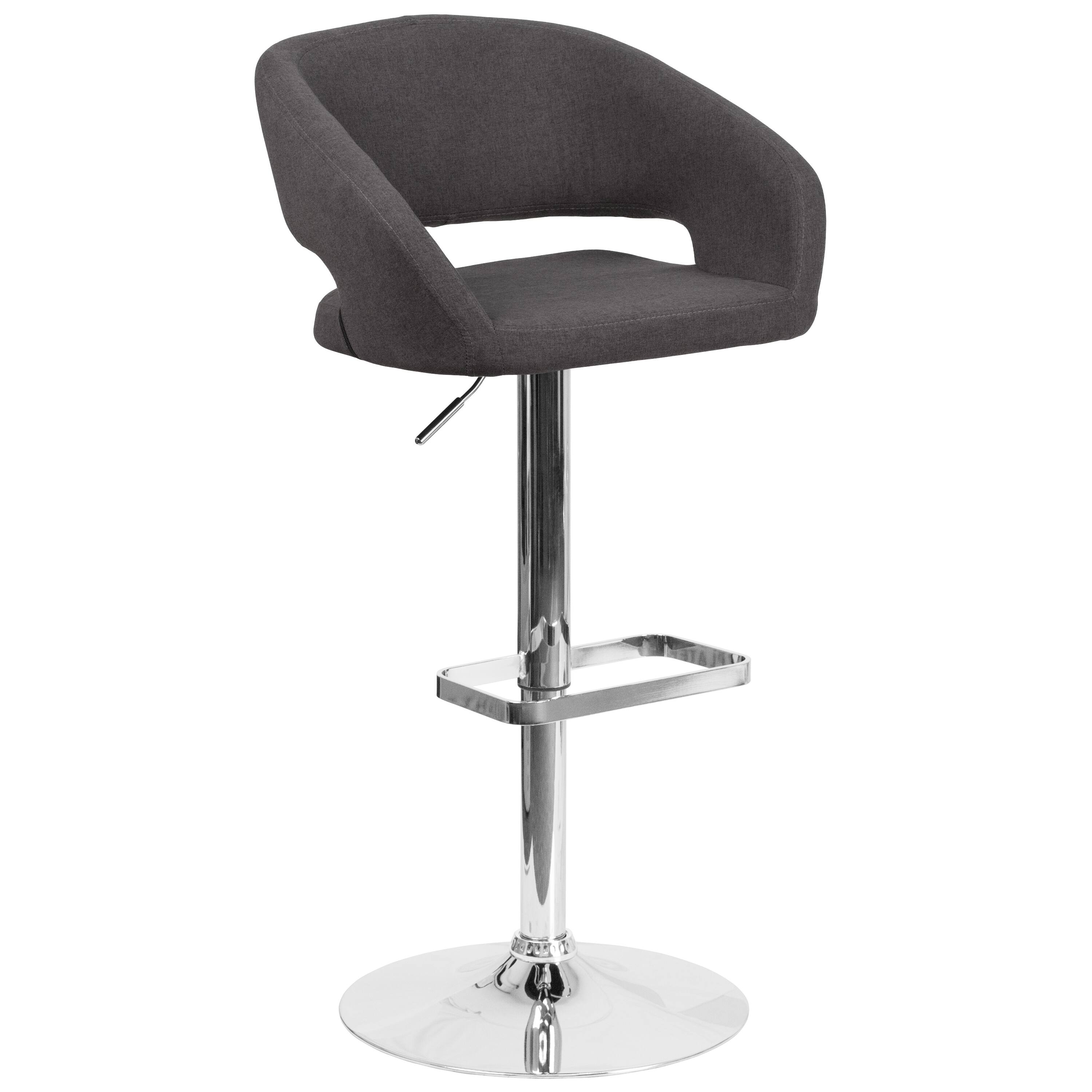 Alt View 1. Emma + Oliver - Shae Contemporary Upholstered Adjustable Height Barstool with Rounded, Cutout Mid-Back and Pedestal Base - Charcoal Fabric/Chrome Frame.