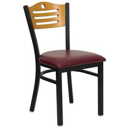 Emma + Oliver - Slat Back Metal Restaurant Dining Chair - Natural Wood Back/Burgundy Vinyl Seat/Black Metal