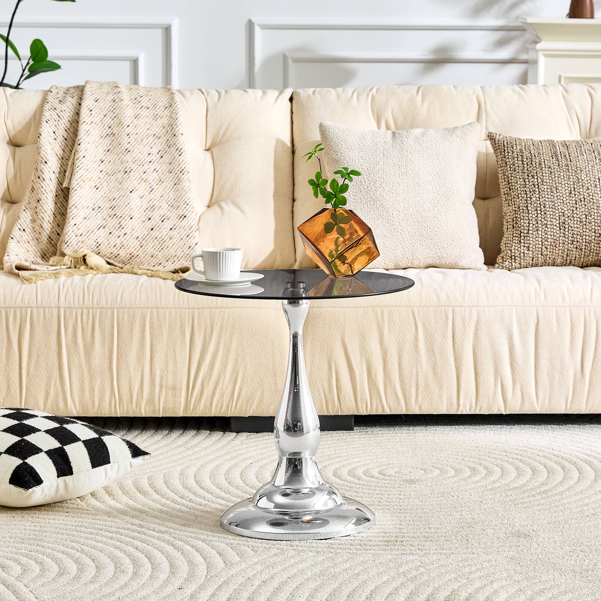 Angle. Anysun - Small Metal Side Table – Modern Round-Edge Table with Tempered Glass Top – Approx. 19.6" Diameter - Grey, Silver.