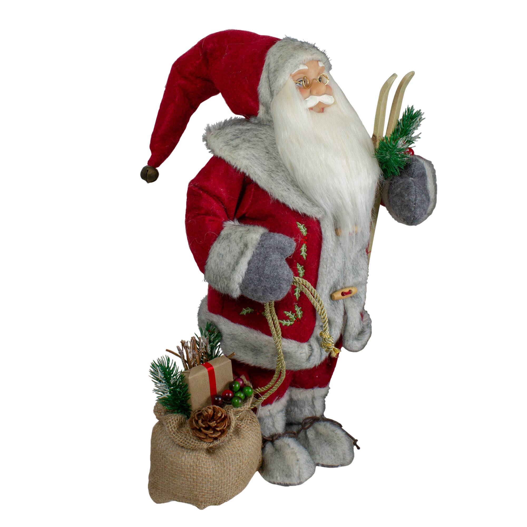 Alt View 3. Northlight - 18" Standing Santa Christmas Figure with Skis and Fur Boots - Red.