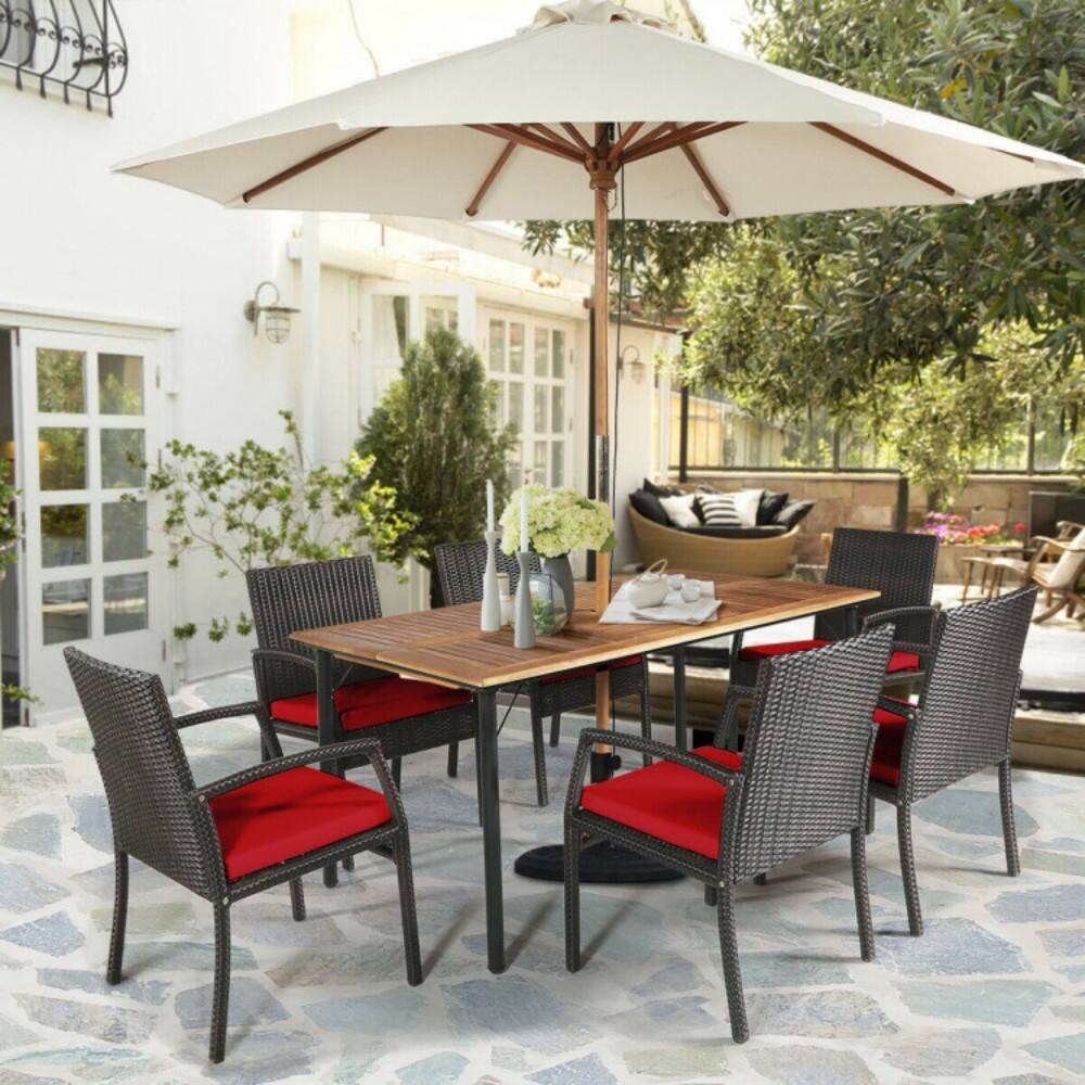 Mondawe - 7 Pieces Patio Rattan Cushioned Dining Set with Umbrella Hole - Red