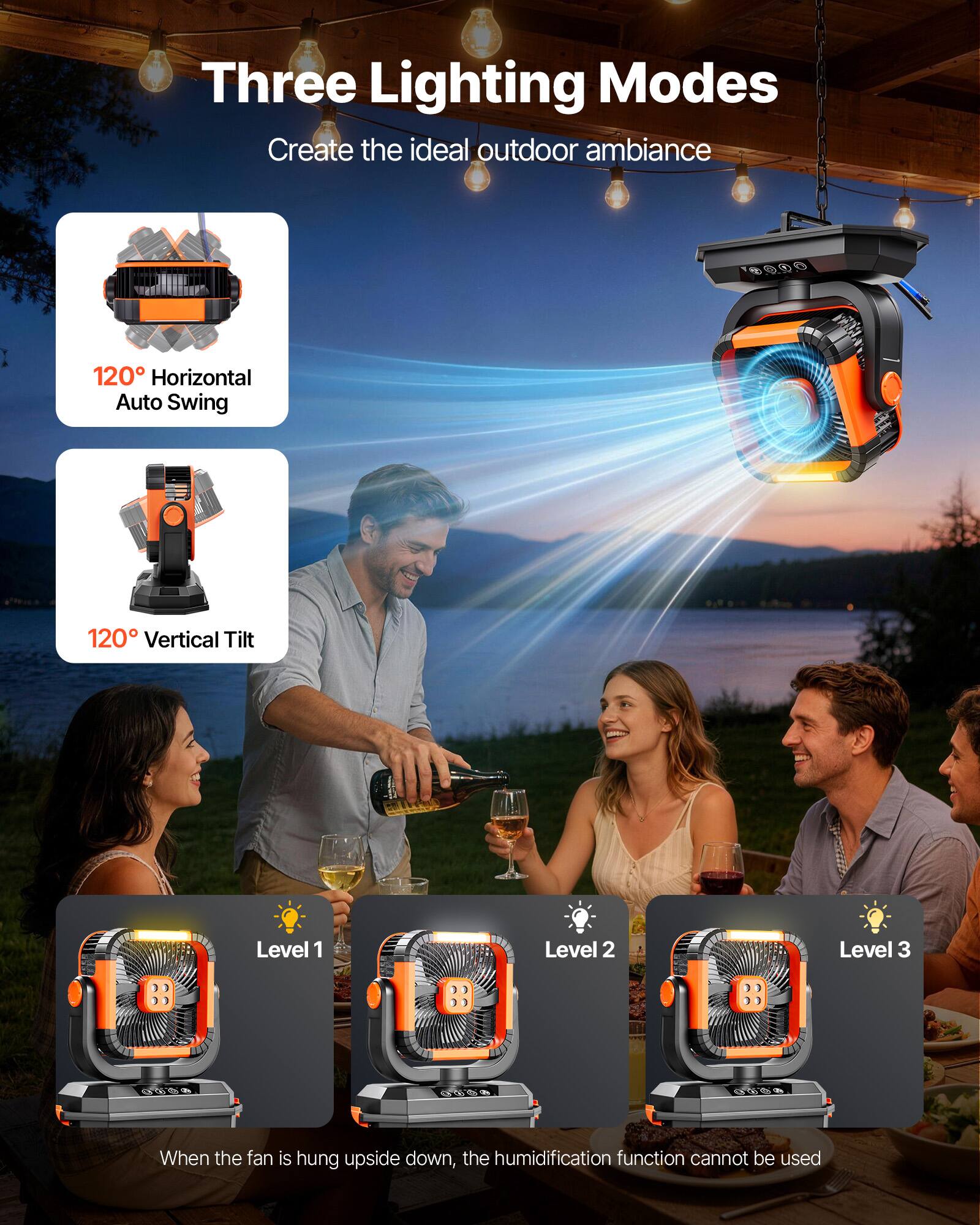 Three Lighting Modes  
Create the ideal outdoor ambiance  

120° Horizontal Auto Swing  
120° Vertical Tilt  

Level 1  
Level 2  
Level 3  

When the fan is hung upside down, the humidification function cannot be used