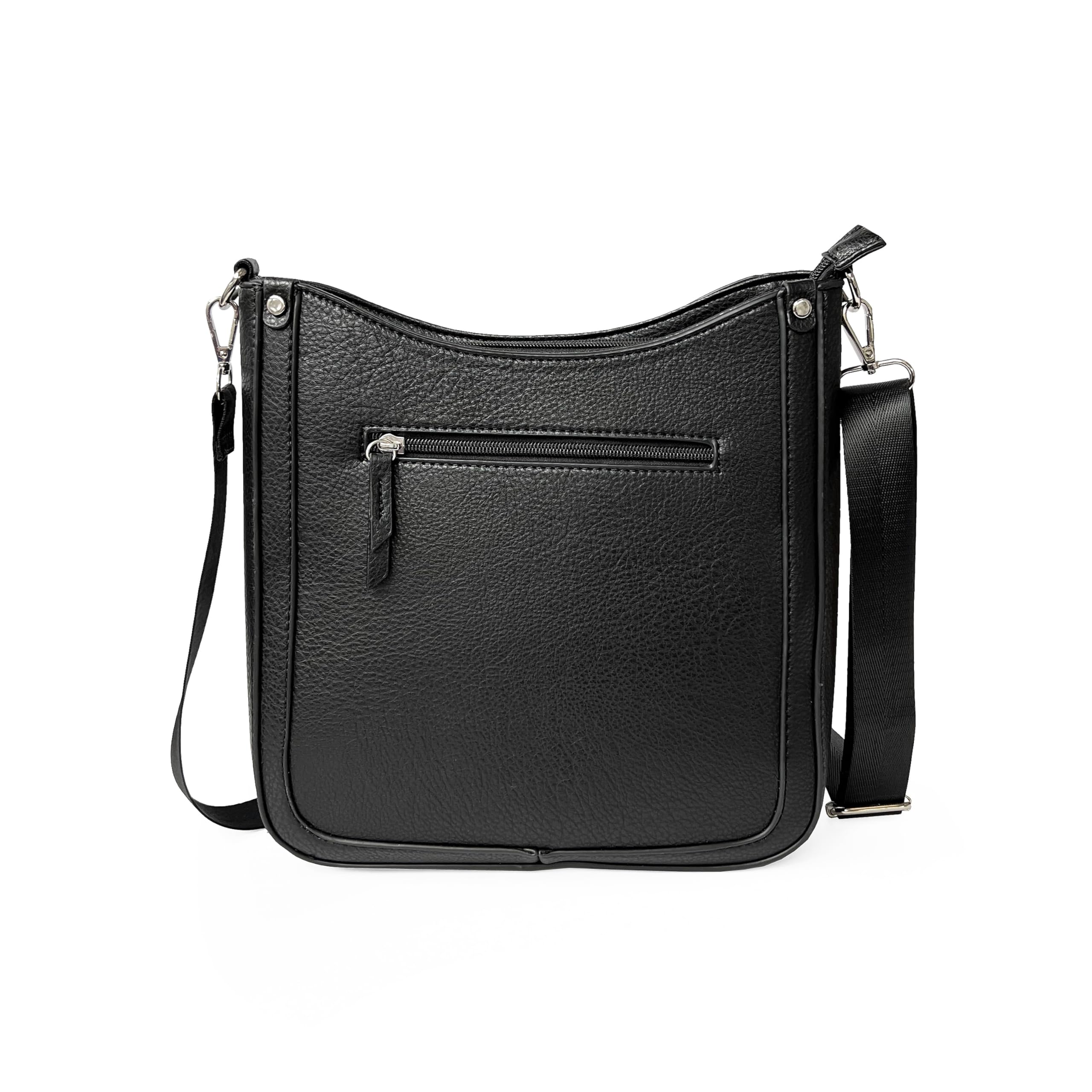 Front. McKlein - Crossbody Messenger Bag Pebble PU Top Zipper Front Zipper Pocket Back Slit Pocket Adjustable Removable Web Strap NH02 - Black.