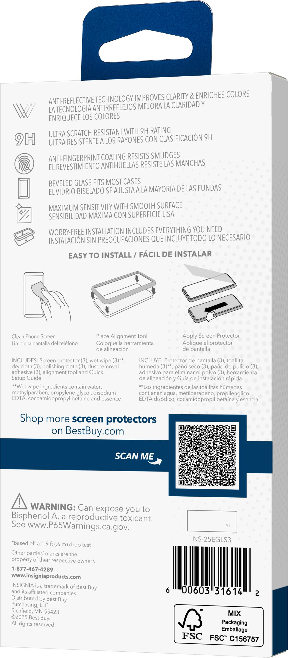 The image features a blue and white box that contains a screen protector for a cell phone. The box includes a screen protector wipe, a polishing cloth for removing dust, and an adhesive alignment tool to ensure proper installation. The box also features a setup guide for easy installation. The screen protector is designed to improve clarity, enrich colors, and resist fingerprints, making it a practical and convenient accessory for phone users.