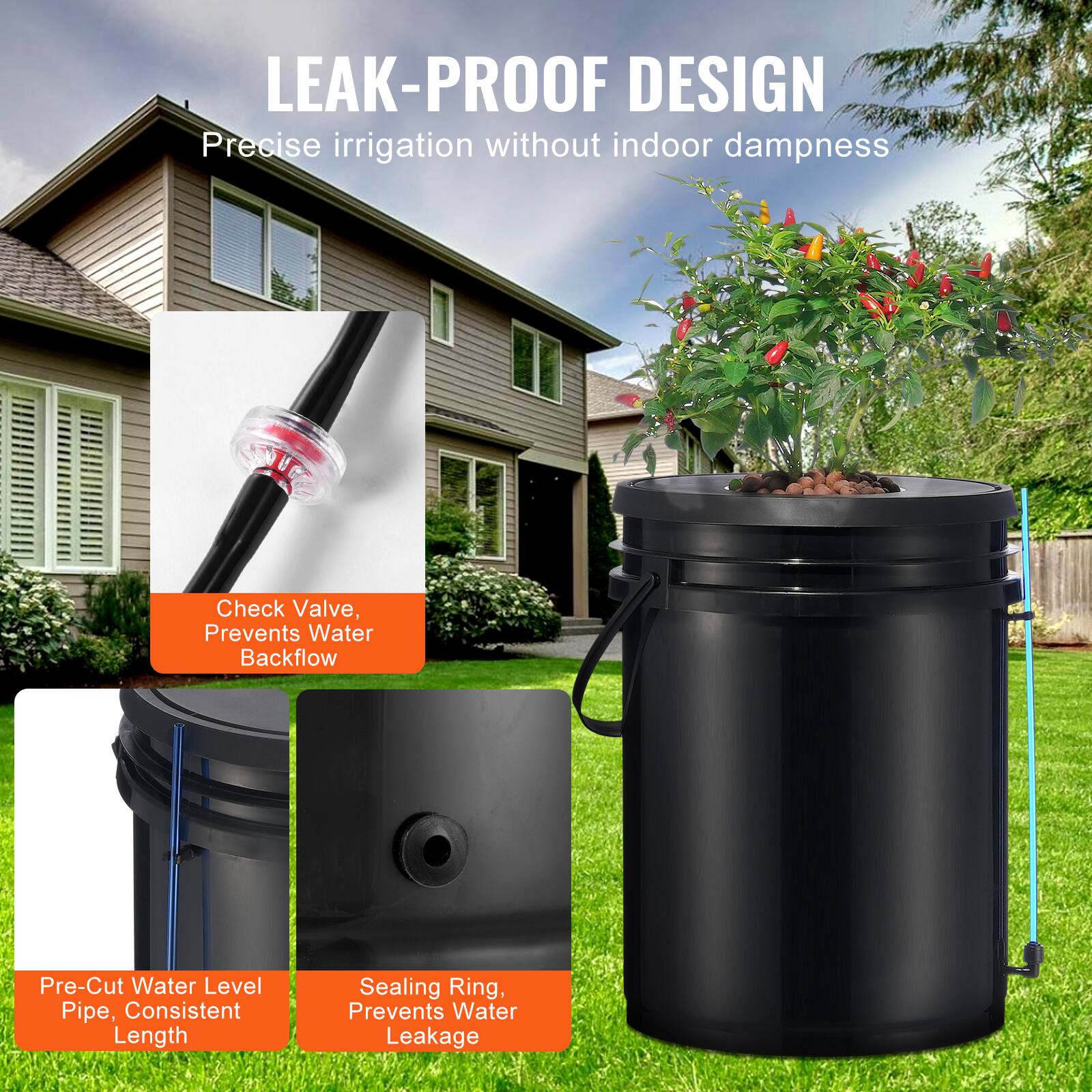 LEAK-PROOF DESIGN  
Precise irrigation without indoor dampness  

- Check Valve, Prevents Water Backflow  
- Pre-Cut Water Level Pipe, Consistent Length  
- Sealing Ring, Prevents Water Leakage