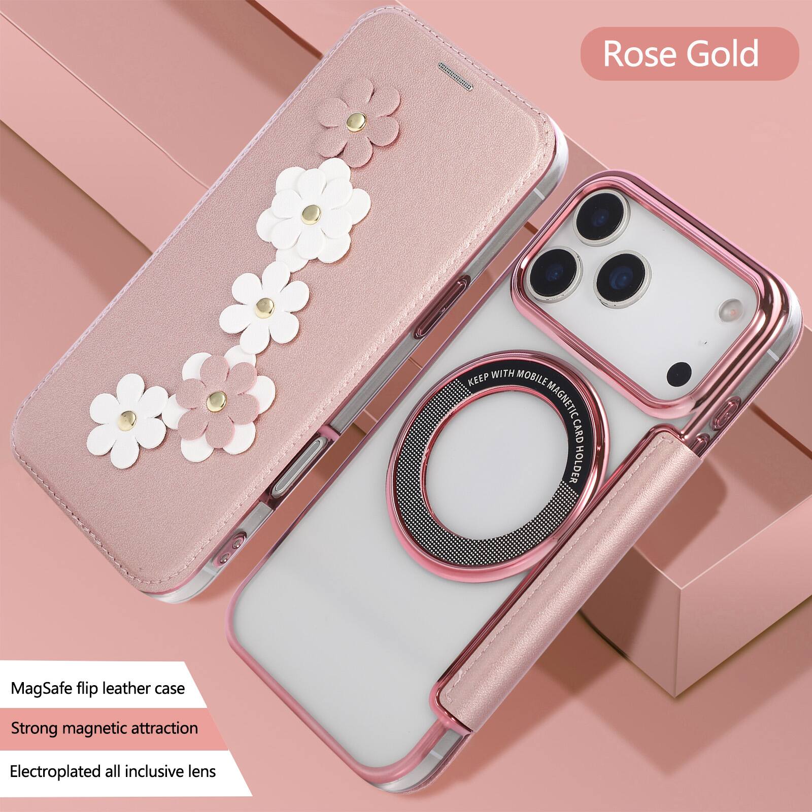 Rose Gold

MagSafe flip leather case  
Strong magnetic attraction  
Electroplated all inclusive lens  

KEEP WITH MOBILE MAGNETIC CARD HOLDER