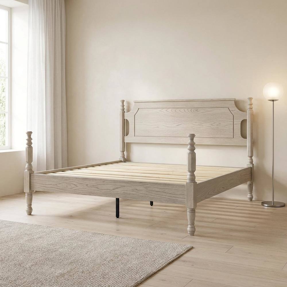 Alt View 4. FurniFact - Solid Wood Platform Bed with Headboard - Driftwood Gray Oak.