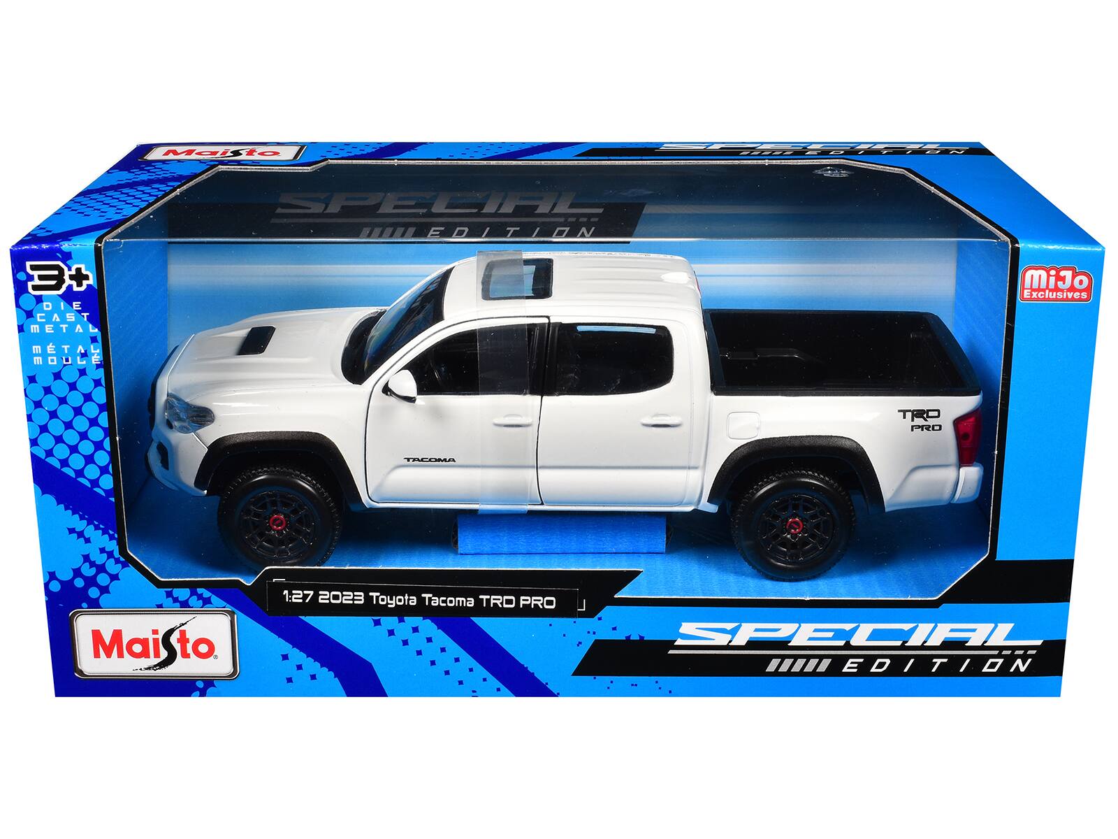 Maisto  
SPECIAL EDITION  
3+  
DIE CAST METAL  
MÉTAL MOULÉ  
MiJo Exclusives  
1:27 2023 Toyota Tacoma TRD PRO  
SPECIAL EDITION