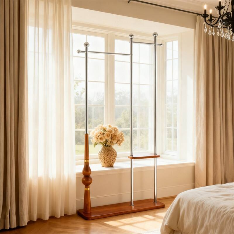 Angle. ALEXOUN - 70" Coat Rack, Solid Wood & Silver Stainless Steel Clothing Rack, Double Layer Hanger for Coats,Hats,Bags (34.6" Wide) - Wood.