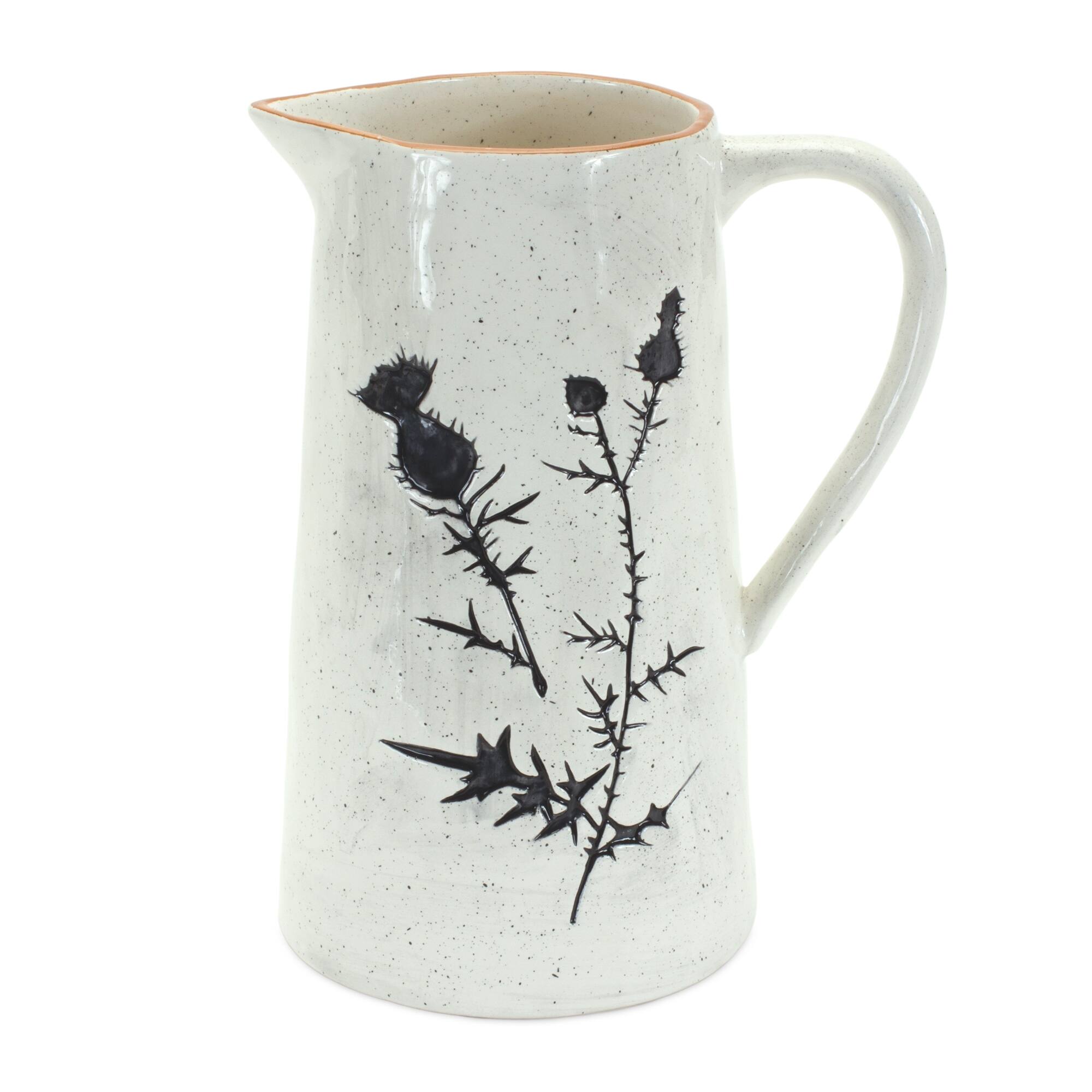 Angle. BreeBe - Rustic Thistle Etched Pitcher Vase with Speckled Finish (Set of 2) - White, Black.