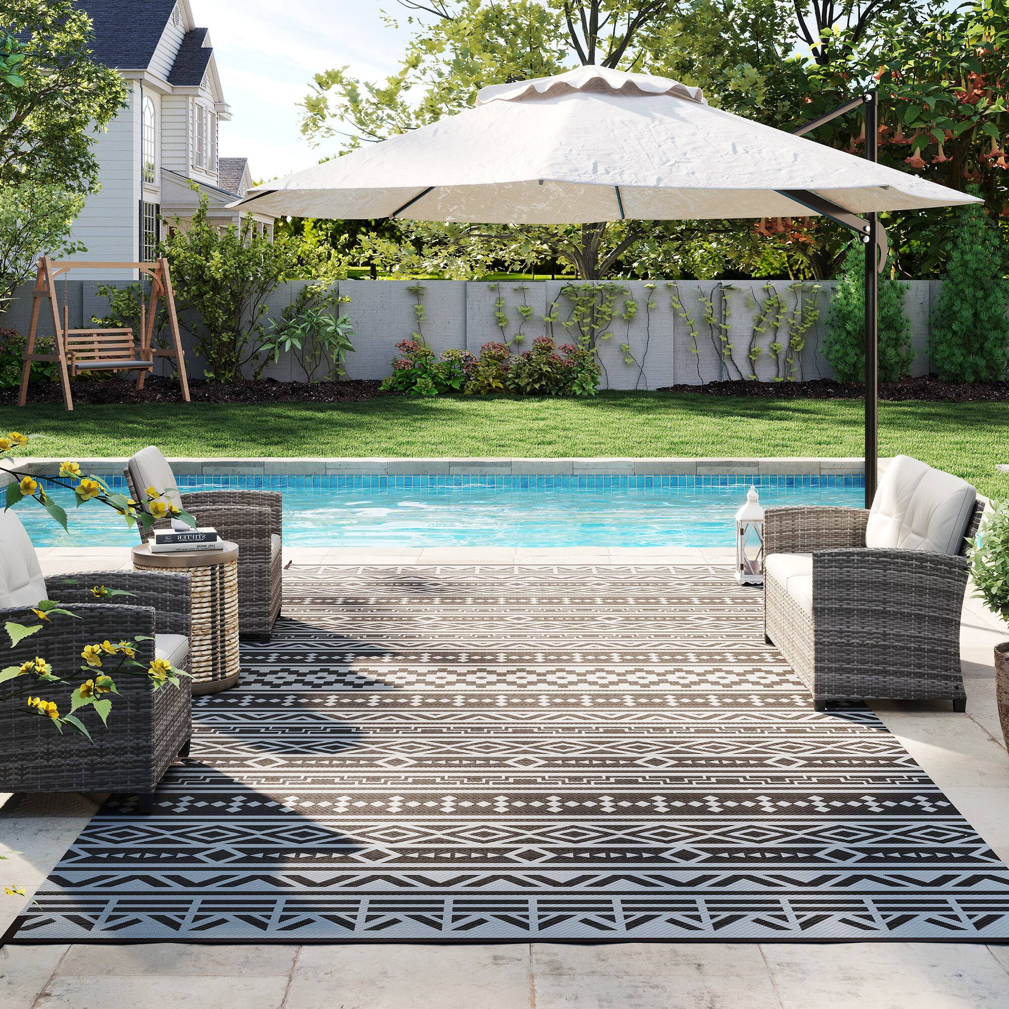 Alt View 8. Outsunny - Outdoor Rug for Patio, 9' x 18' Waterproof Large Mat, Reversible Plastic Straw Rug for Décor - Black and Gray Geometric Wall.