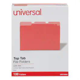Universal - Deluxe Colored Top Tab File Folders, 1/3-Cut Tabs: Assorted, Letter Size, Red/Light Red, 100/Box