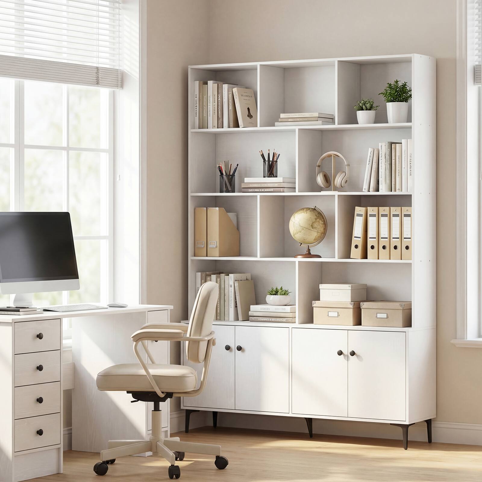 Alt View 3. Gymax - Gymax Bookshelf w/ Doors 5-Tier Floor Standing Bookcase w/ 2 Anti-Tipping Kits White - White.