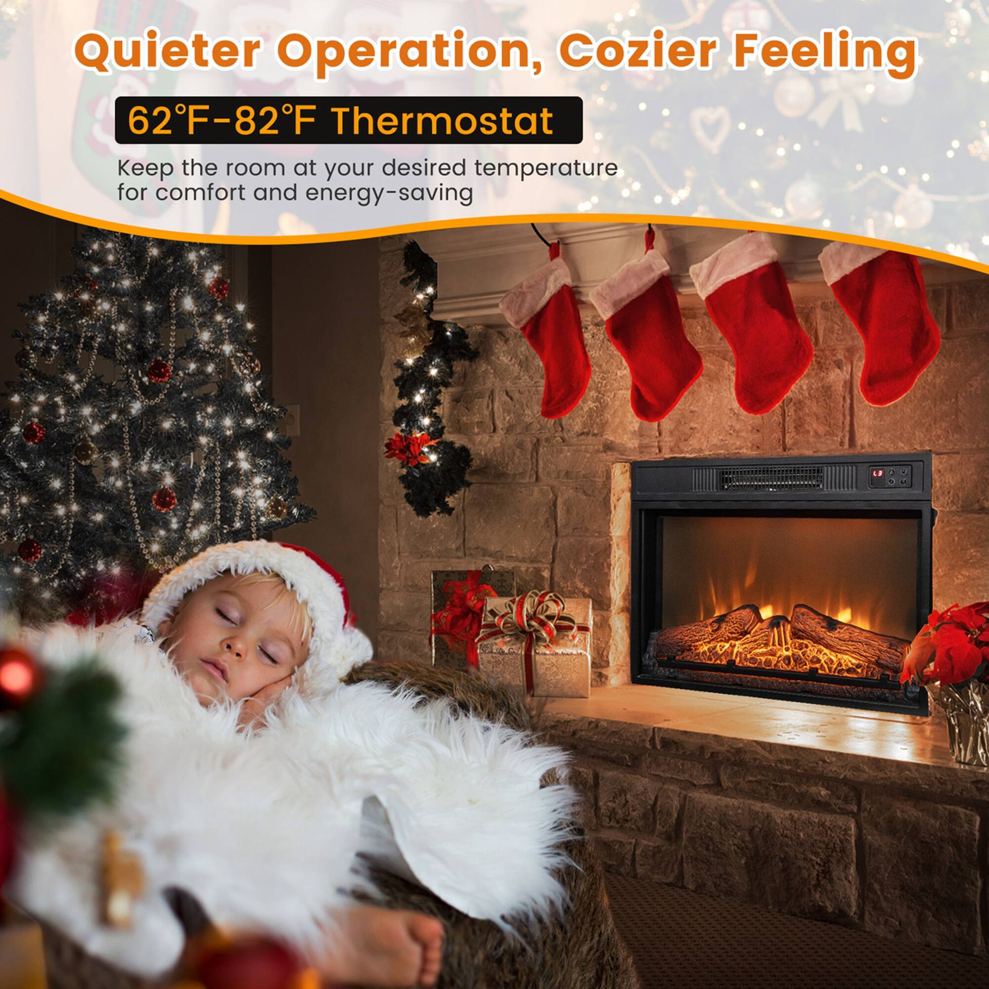 Quieter Operation, Cozier Feeling
62°F-82°F Thermostat
Keep the room at your desired temperature for comfort and energy-saving