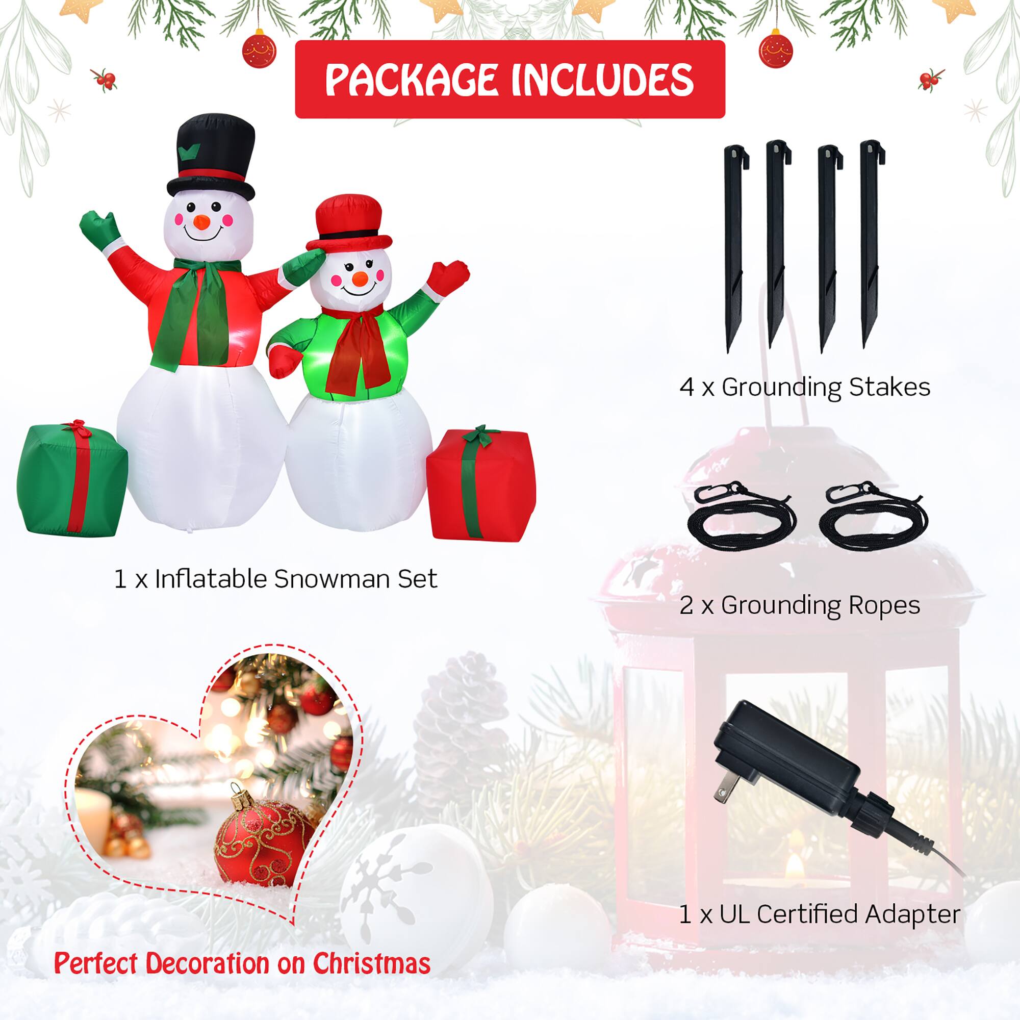 Package includes: 4 x Grounding Stakes, 1 x Inflatable Snowman Set, 2 x Grounding Ropes, Perfect Decoration on Christmas, 1 x UL Certified Adapter.
