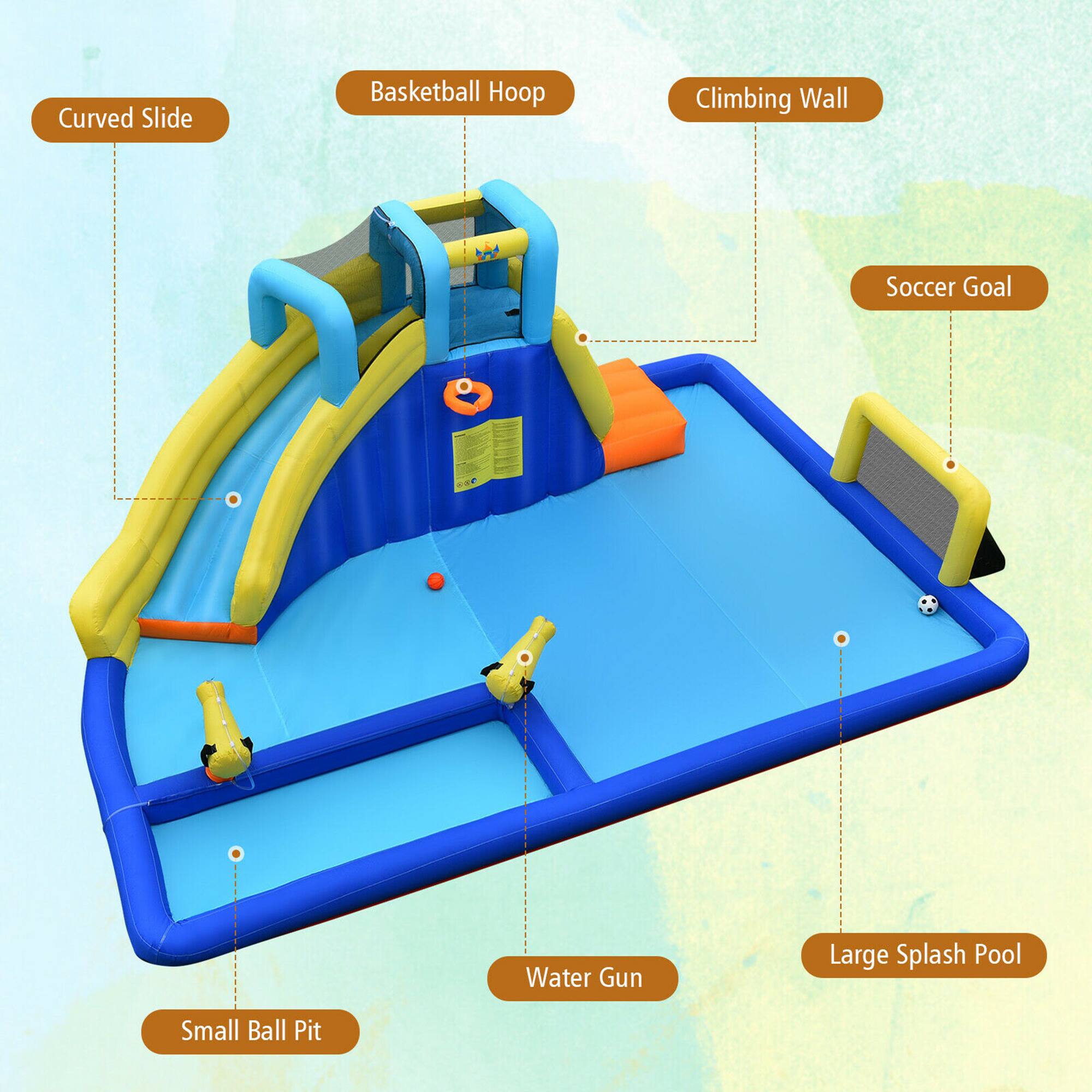- Curved Slide
- Basketball Hoop
- Climbing Wall
- Soccer Goal
- Large Splash Pool
- Water Gun
- Small Ball Pit