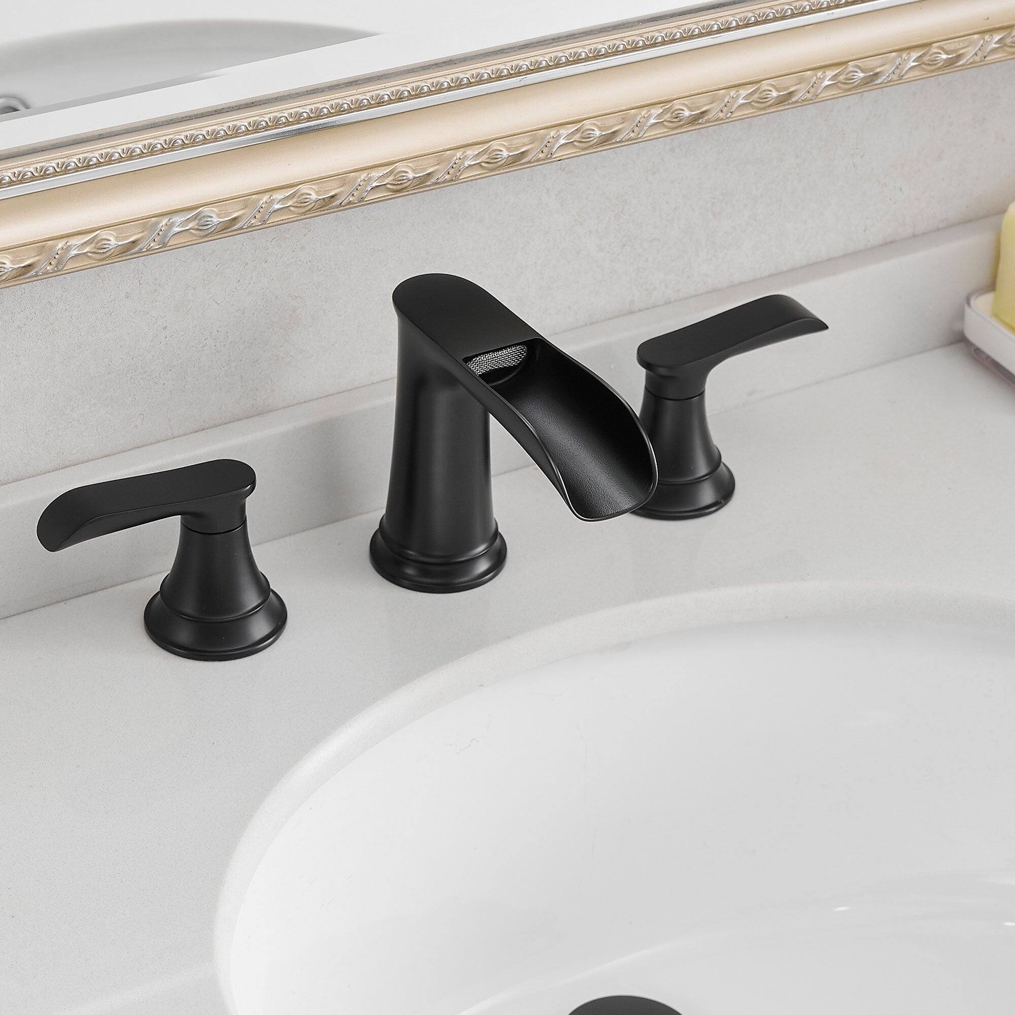 Alt View 8. Boyel Living - Waterfall 8 Inch Widespread Double Handle Brass Bathroom Faucet with Pop Up Drain and Water Supply Hoses in Matte Black - Matte Black.